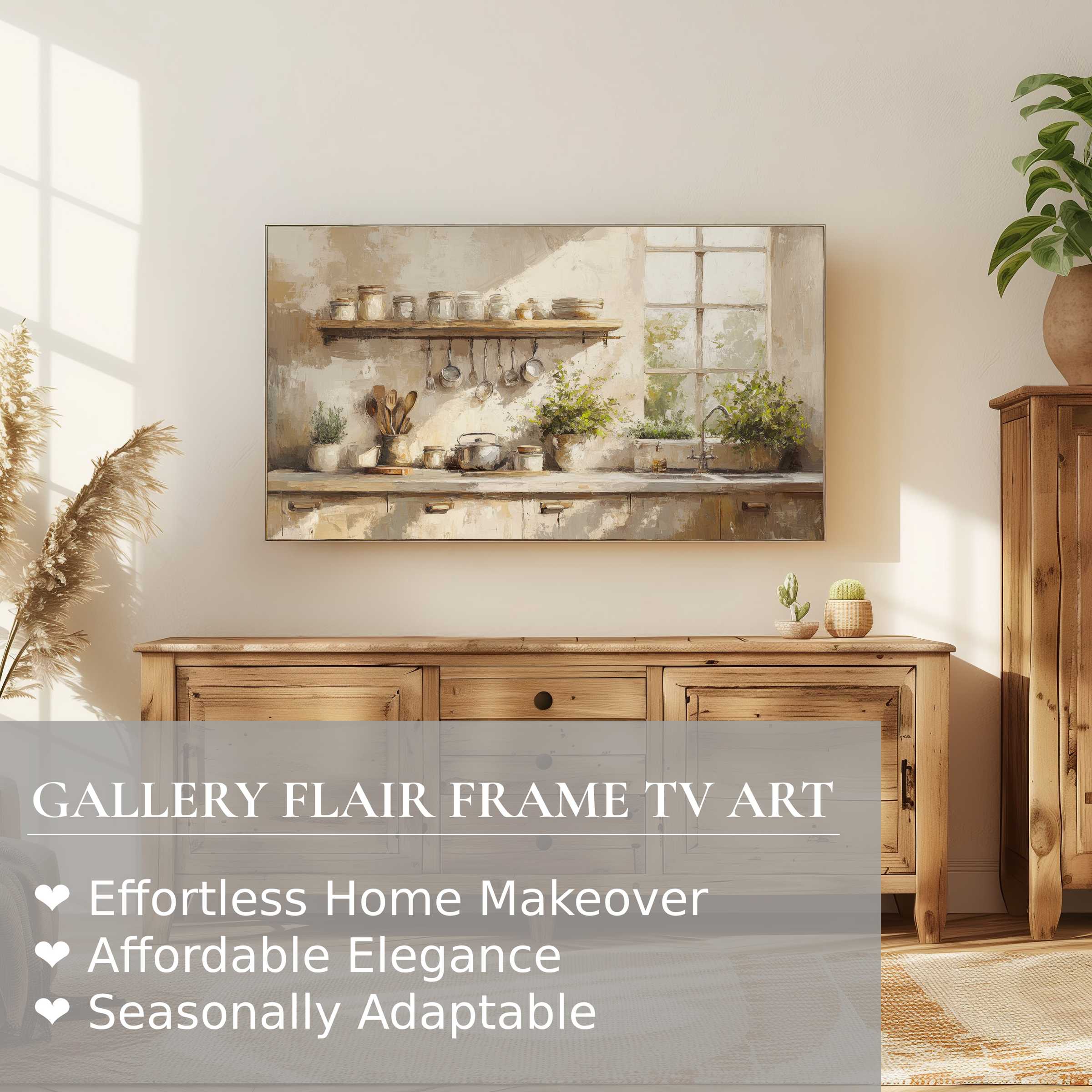 Samsung Frame TV displaying serene farmhouse digital artwork in a sunlit, elegant rustic living space
