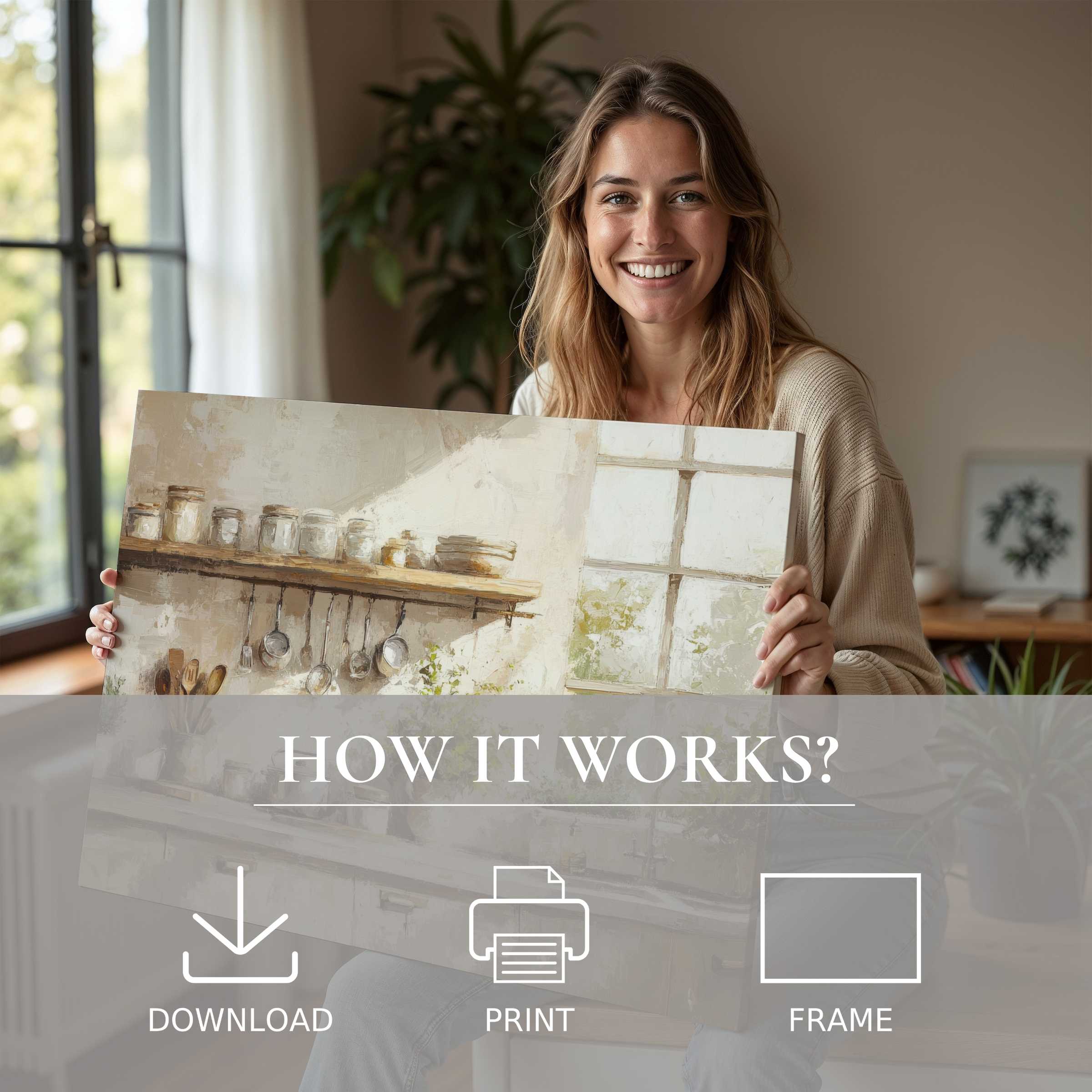 Woman radiates joy in a sunlit modern home, embracing the timeless charm of a farmhouse digital art print