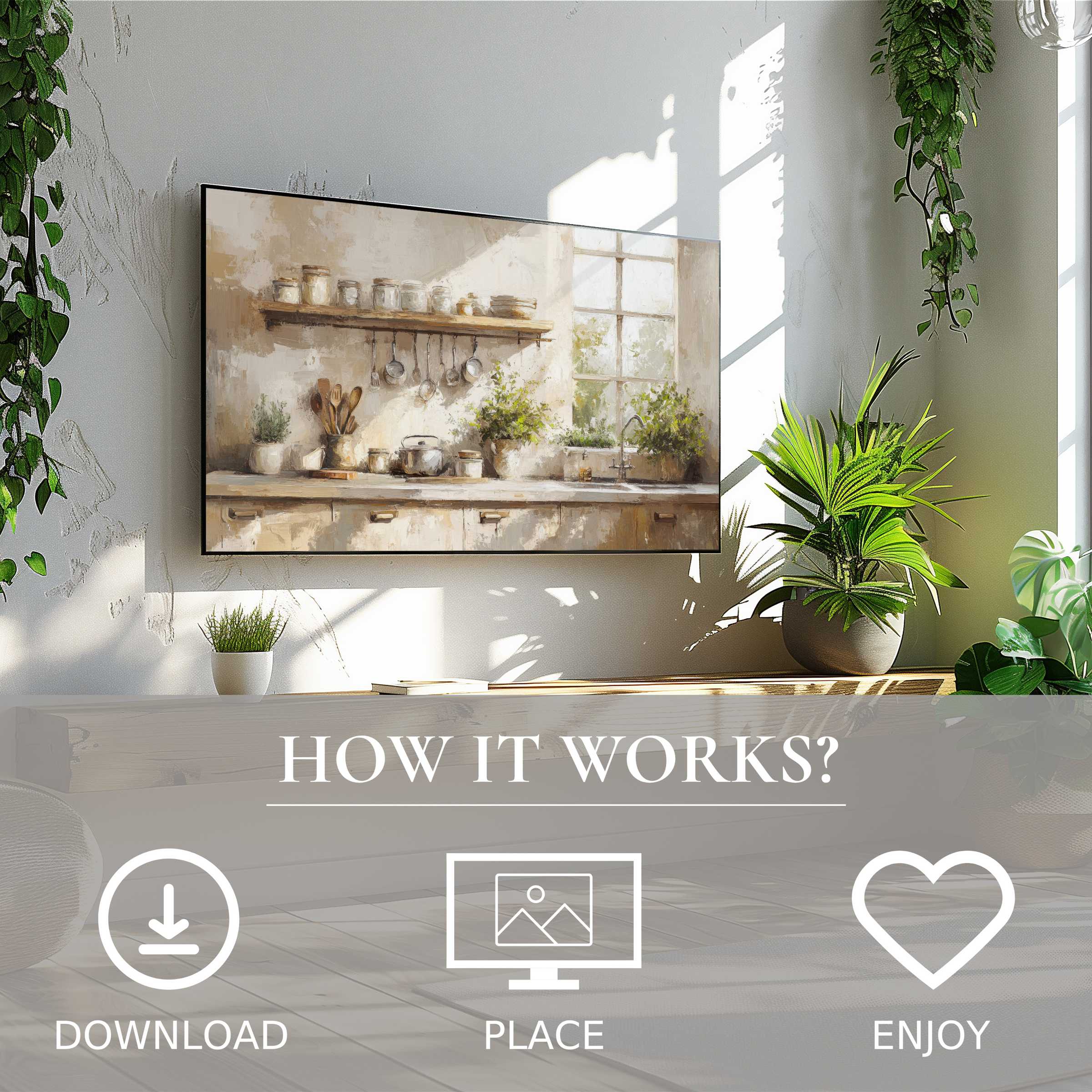 Farmhouse art for Samsung TV with warm kitchen tones, easy digital download, enriches and modernizes your living space