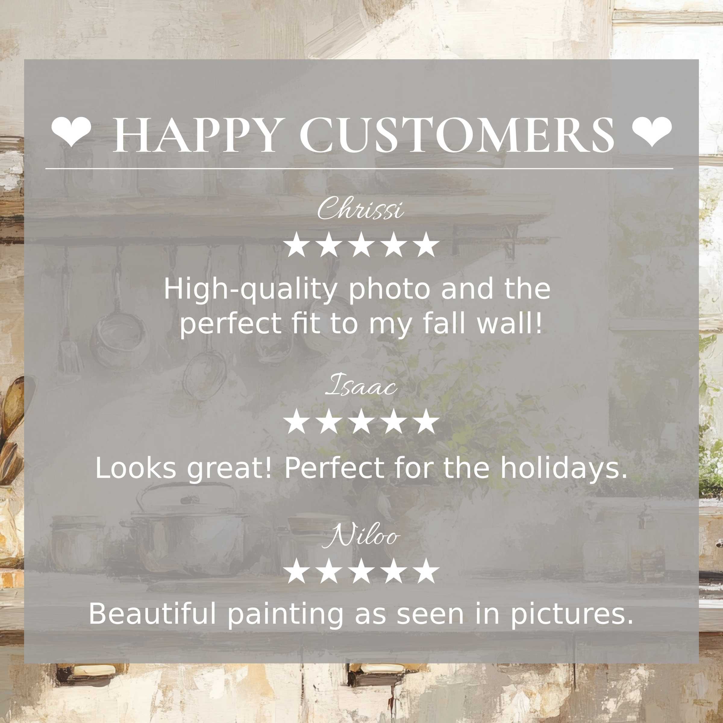 Farmhouse art for Frame TV with happy customer reviews on a neutral kitchen scene builds trust and elegance