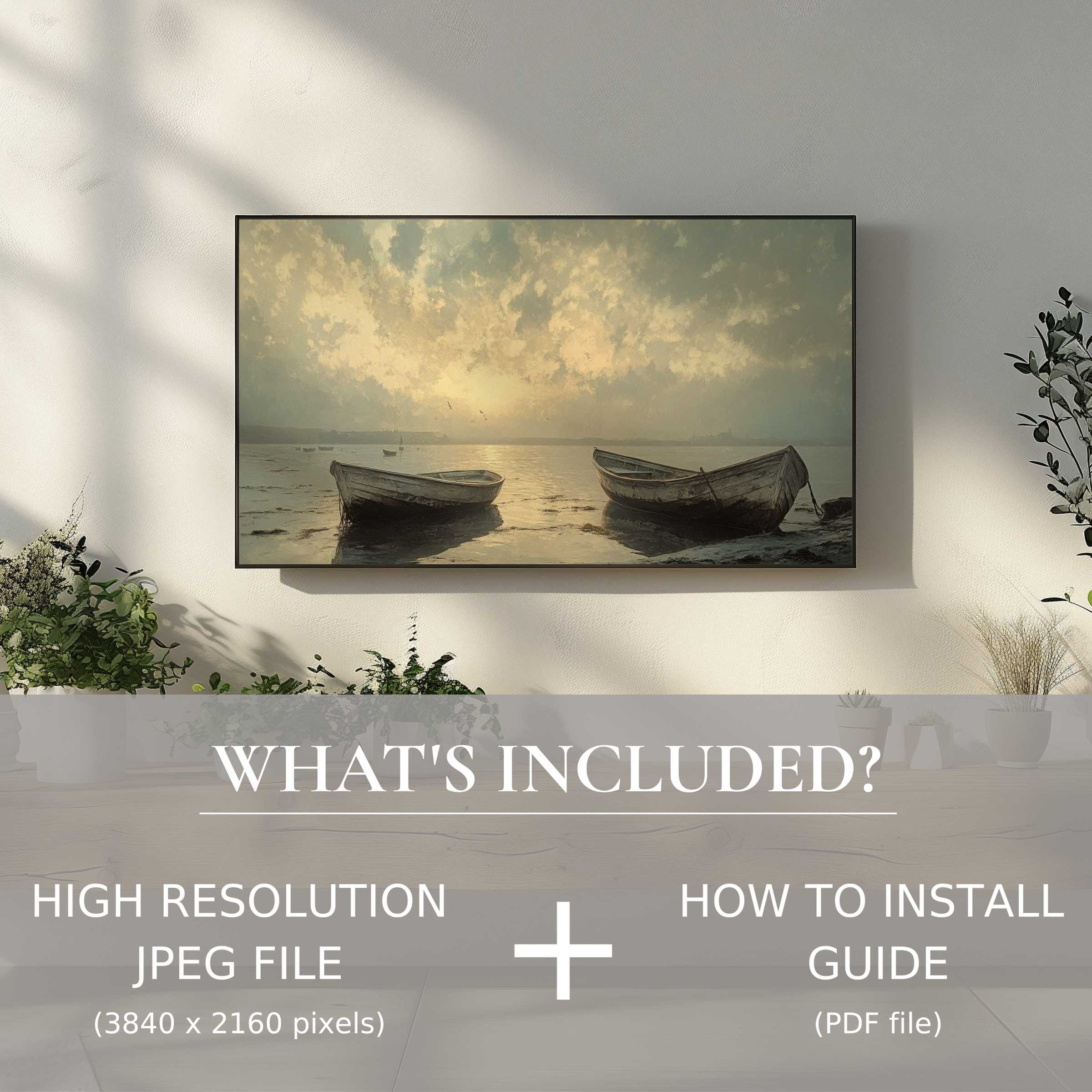 Elegant beach digital TV art download showcasing serene boats at sunset, effortless digital use enhances modern living spaces