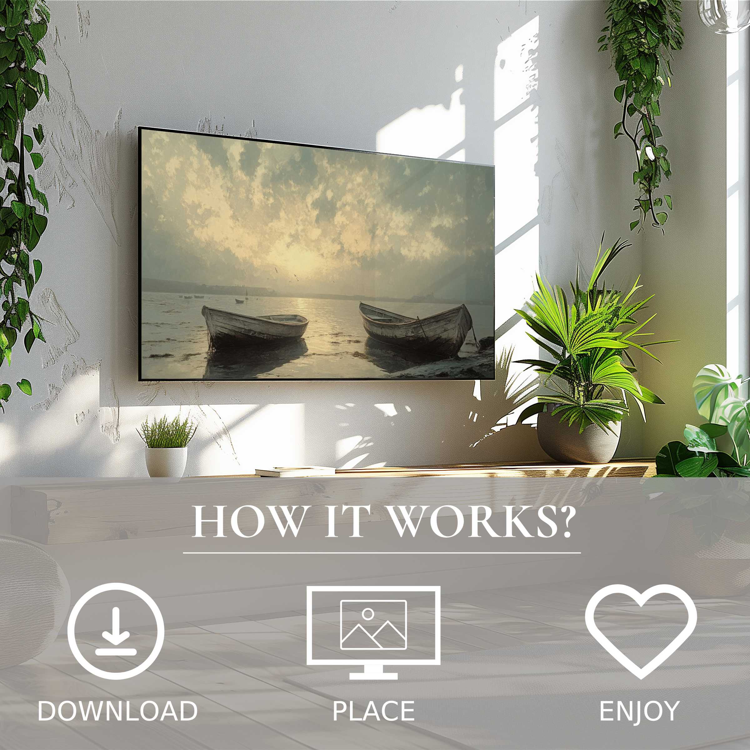 Beach art for Samsung TV shows soft sunset tones with boats; easy digital download enriches minimalist living space