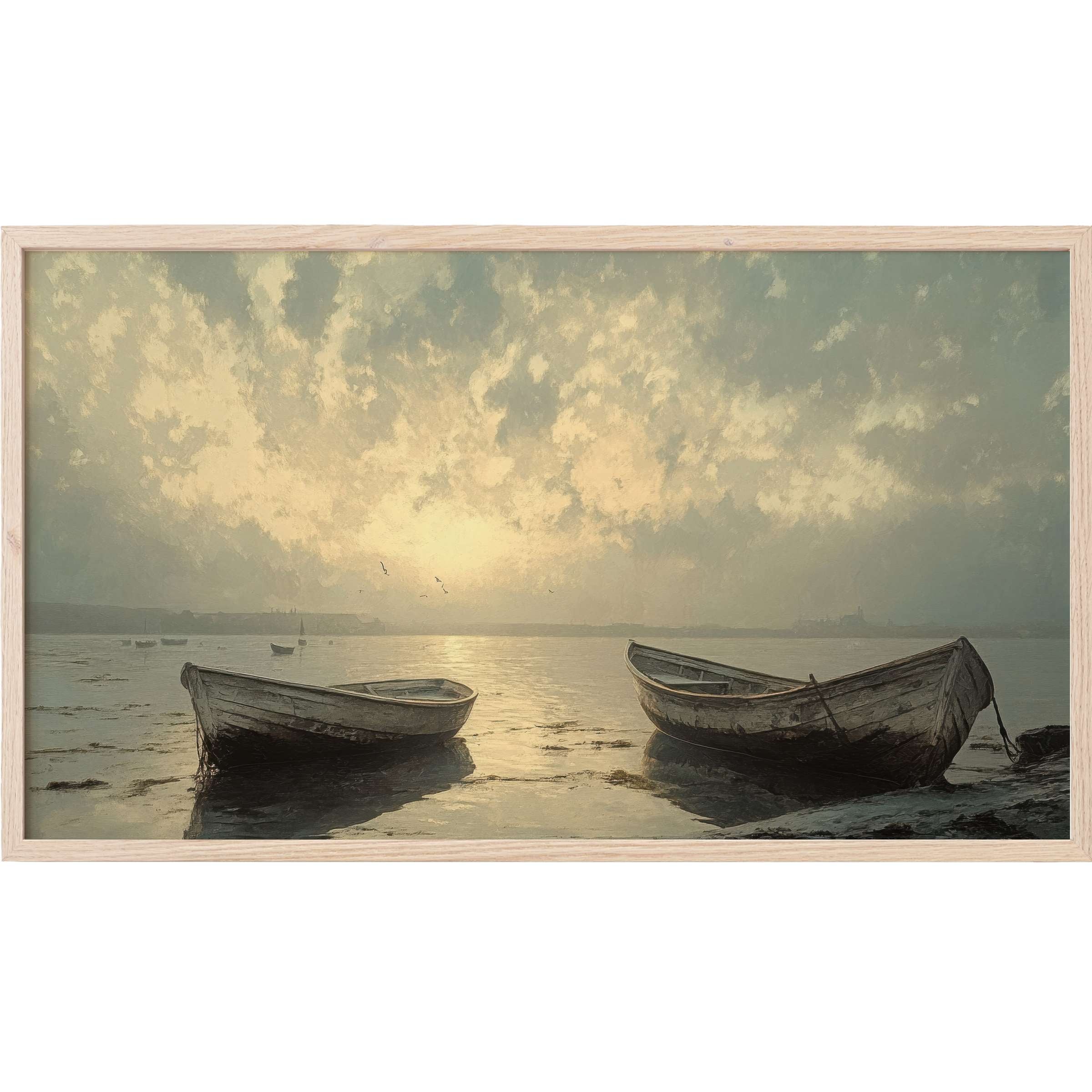 Serene beach Frame TV Art featuring two weathered boats at dawn, muted earth tones, and soft, tranquil lighting