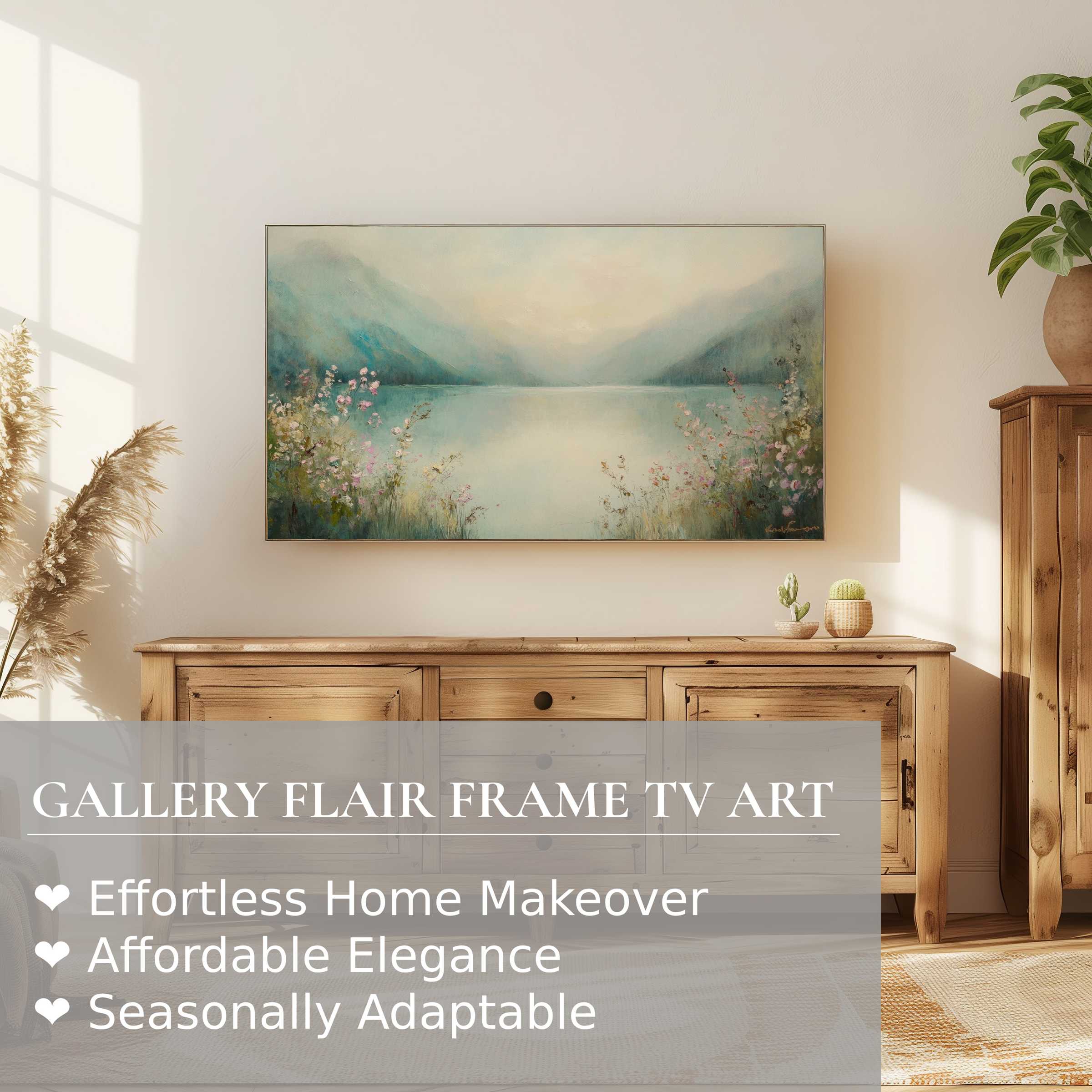 Samsung Frame TV displaying serene summer digital artwork in a modern, elegant living room setting