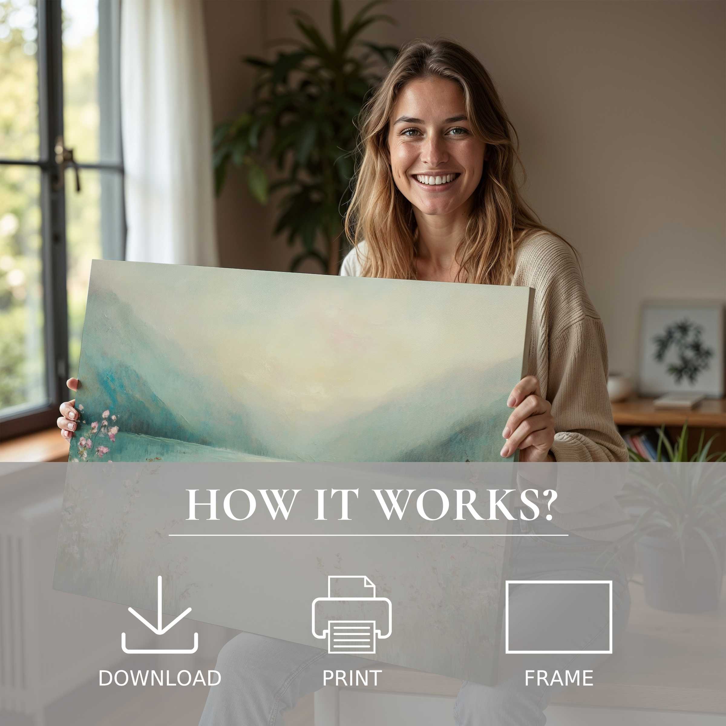 Elegant summer digital art print embraced in a chic modern home, inspiring joy and effortless, serene living with art