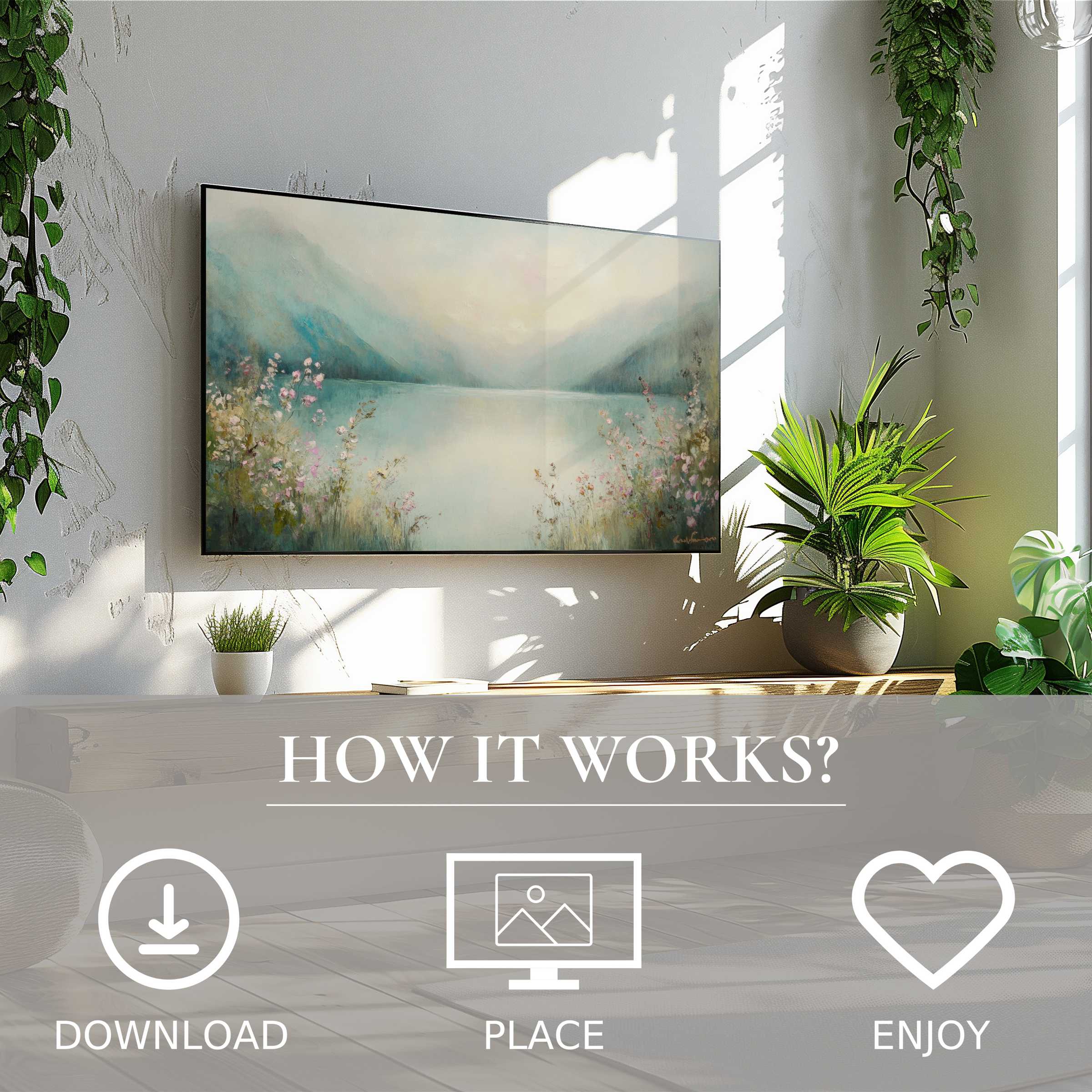 Summer art for Samsung TV shows soft sunset tones over a serene lake; easy digital download enriches modern living spaces