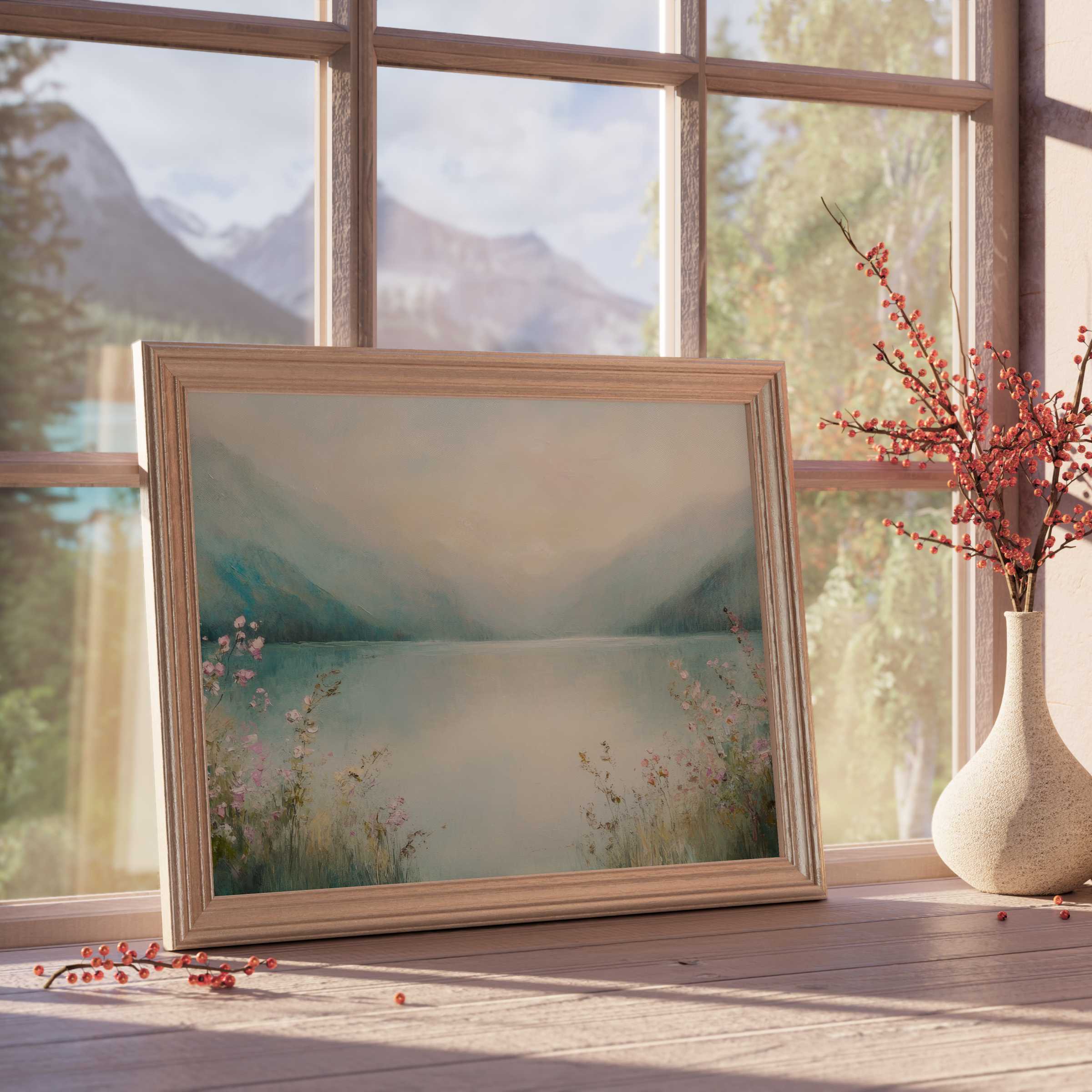 Serene summer downloadable art blending soft pastels and wildflowers, elevating tranquil, curated interiors with refined elegance