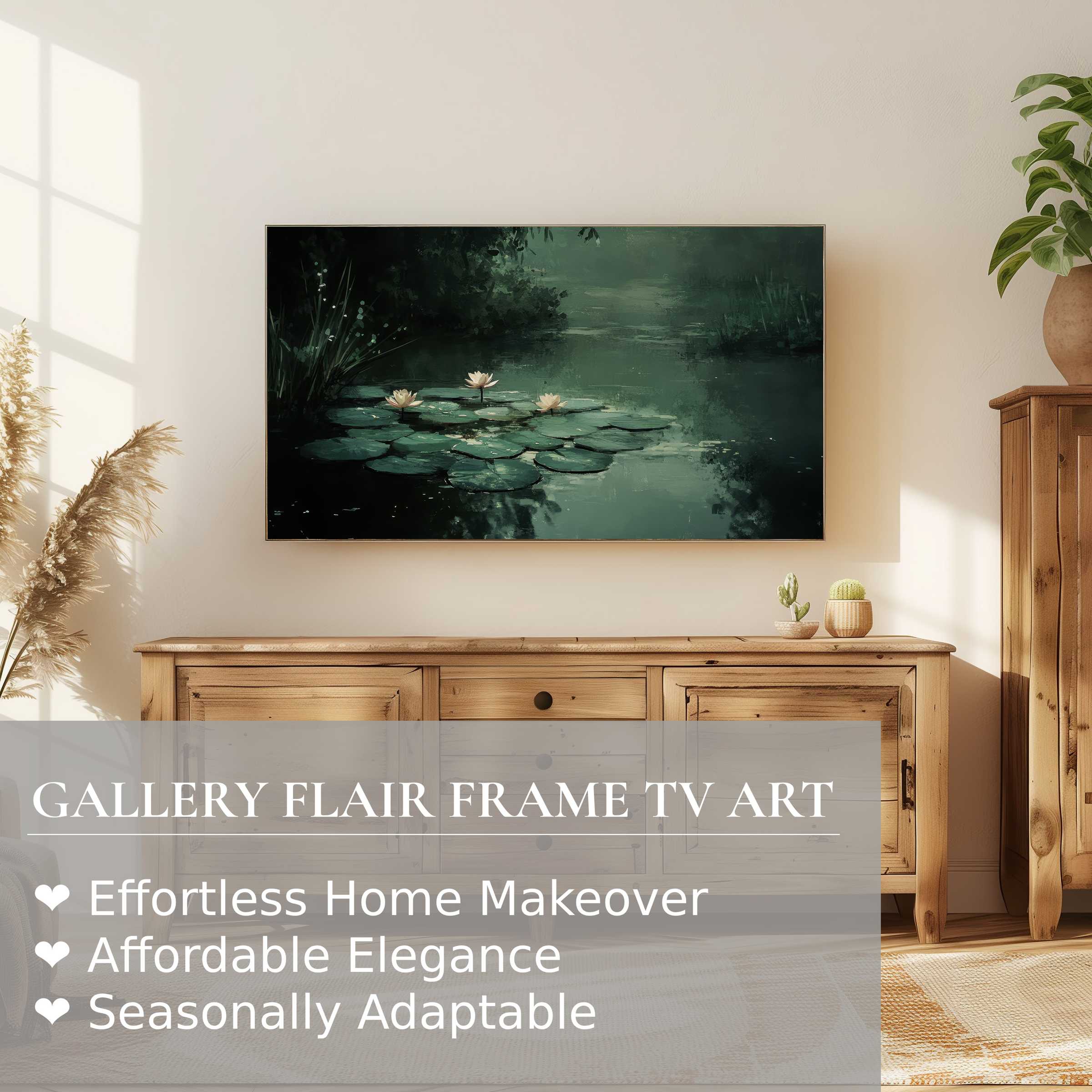 Samsung Frame TV displays serene botanical digital artwork in a modern natural wood setting, perfect for refined decor