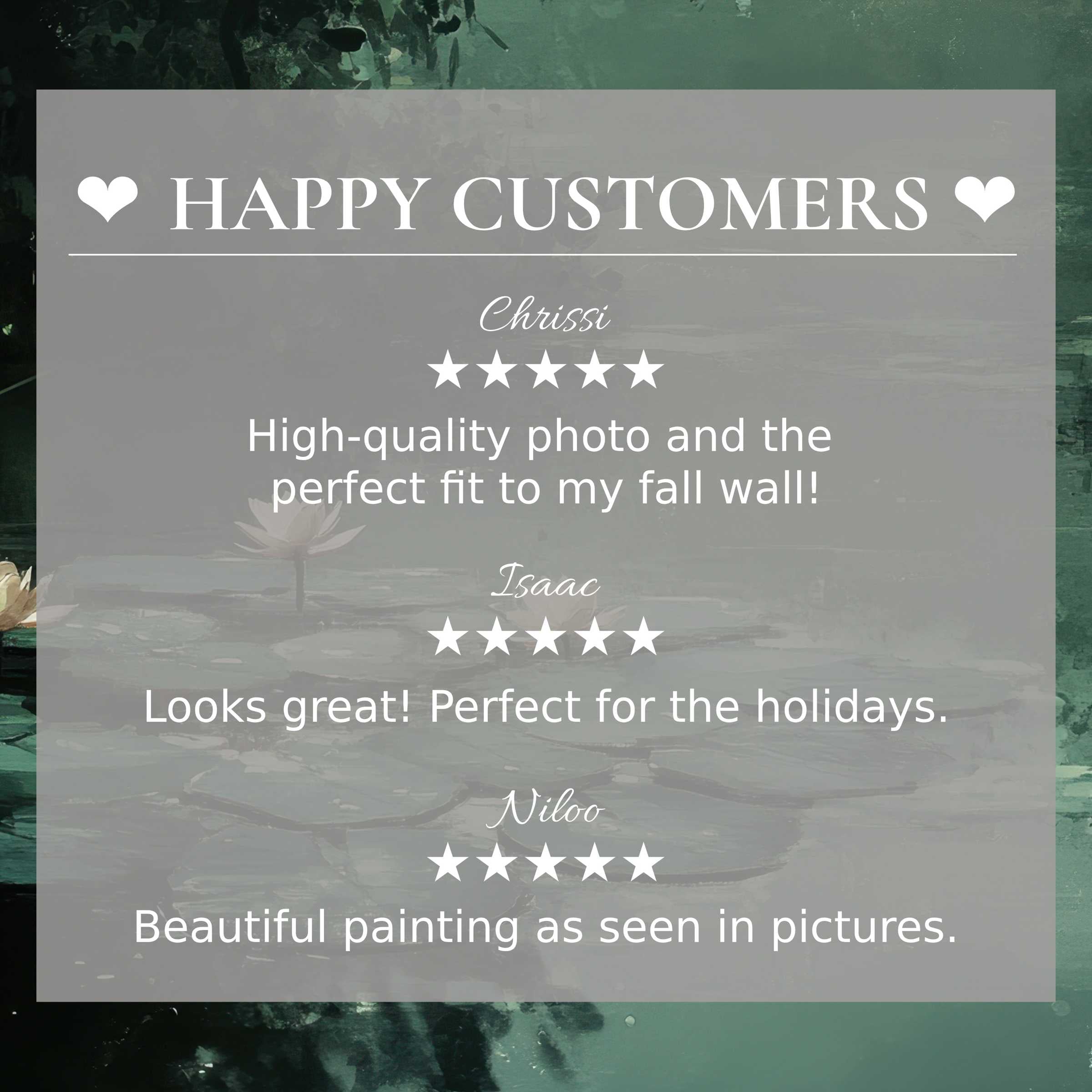 Modern botanical art for Frame TV with serene water lilies background; layout builds trust via happy customer reviews