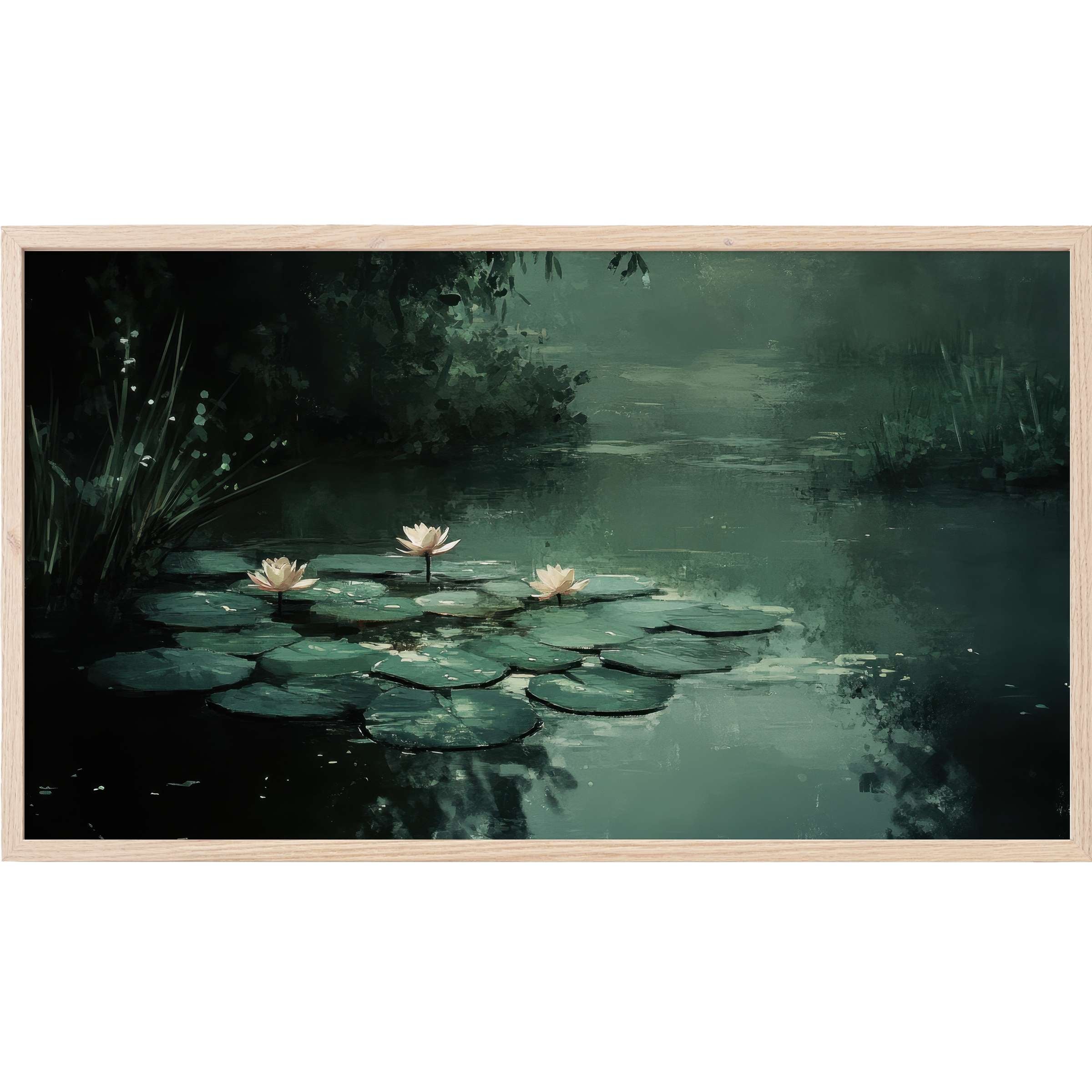Serene water lilies on deep green pond, soft brushstrokes in muted hues, elegant botanical Frame TV Art