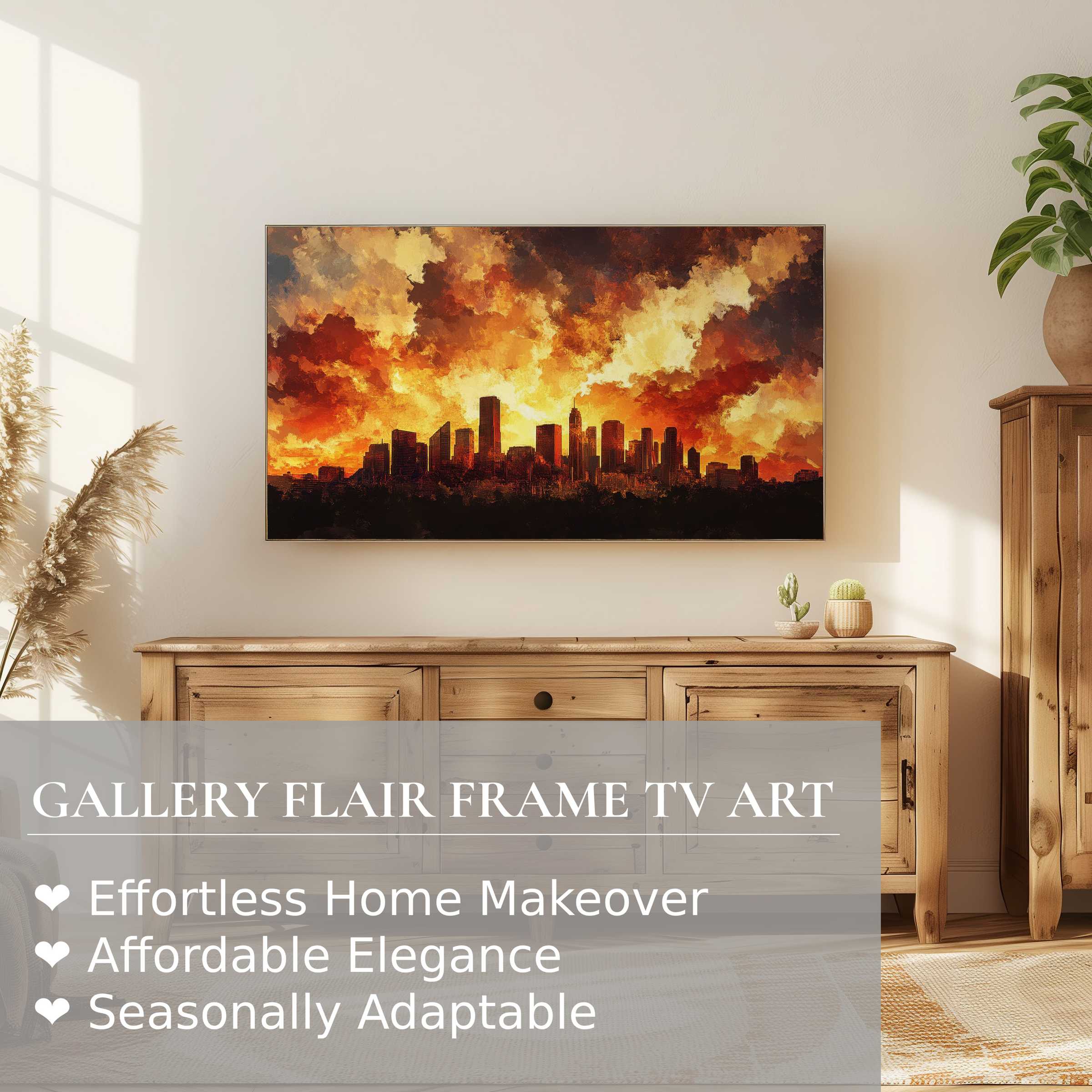 Samsung Frame TV displaying vibrant urban digital artwork of a fiery city skyline in a chic living space