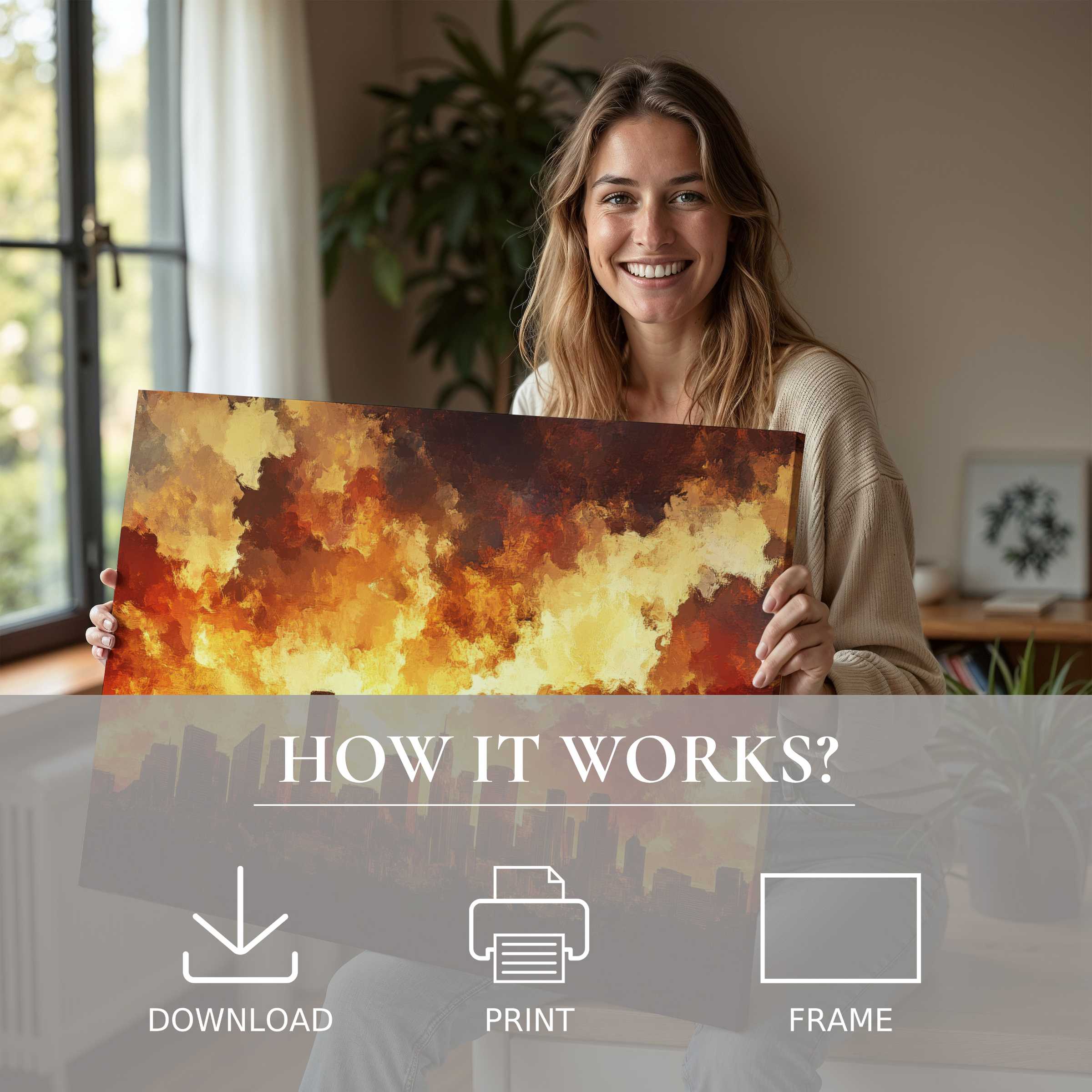 Radiant urban digital art print illuminating a modern home, evoking joy and effortless elegance in curated living spaces