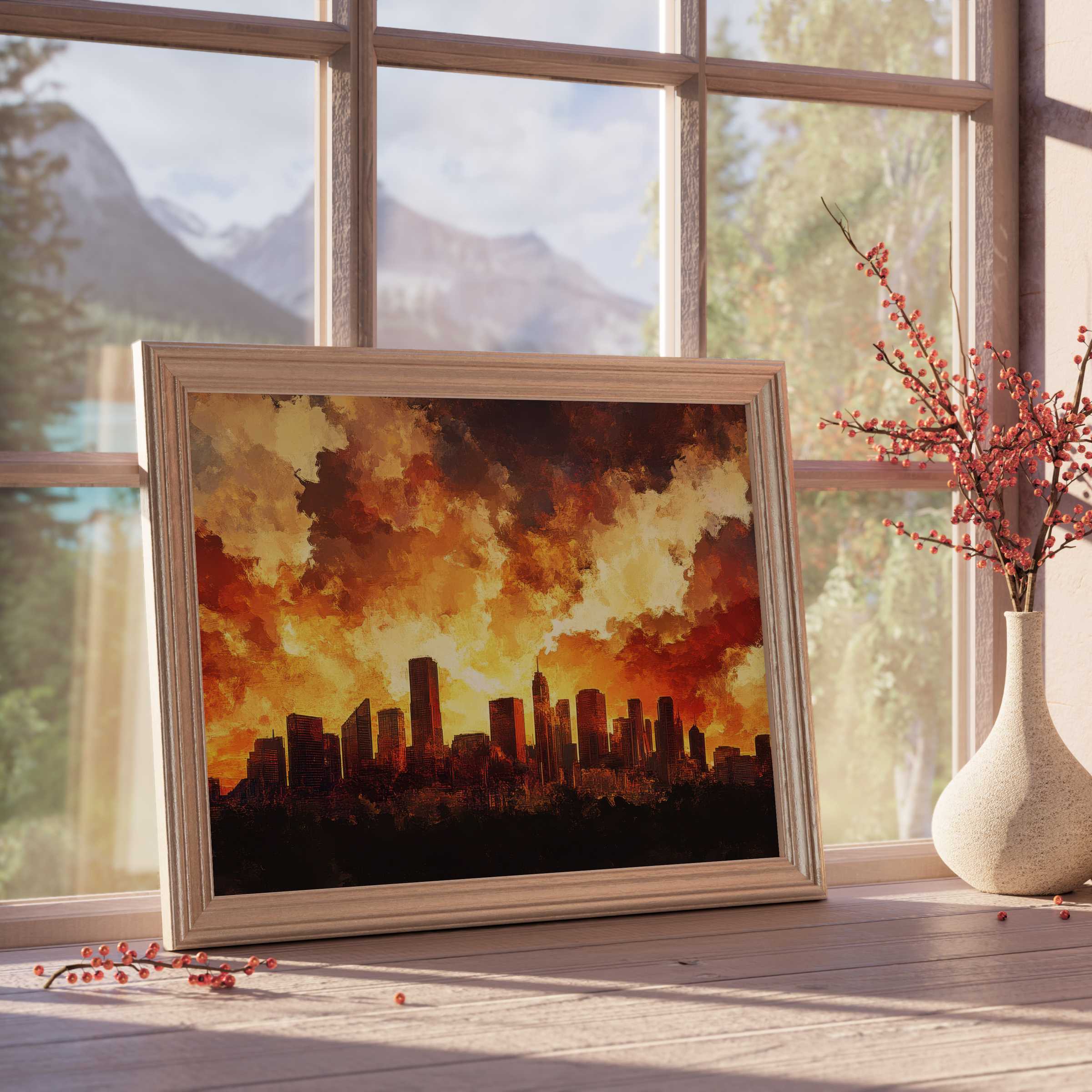 Urban downloadable art capturing a fiery skyline silhouette, igniting warm, vibrant energy in curated, design-forward interiors