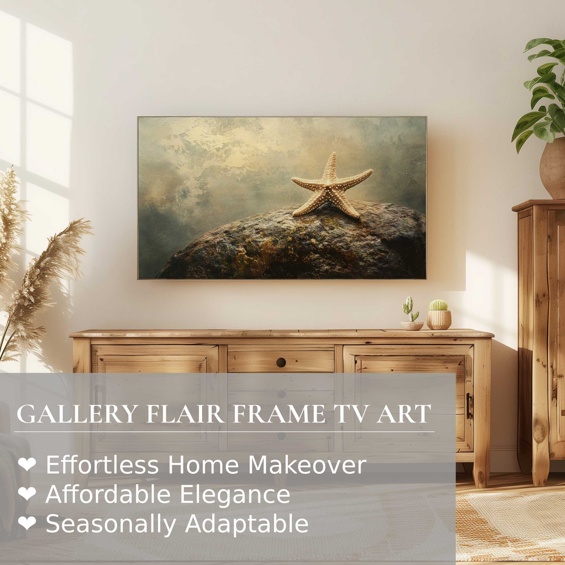 Samsung Frame TV displays coastal digital artwork of a starfish on rock in warm, elegant, modern home setting