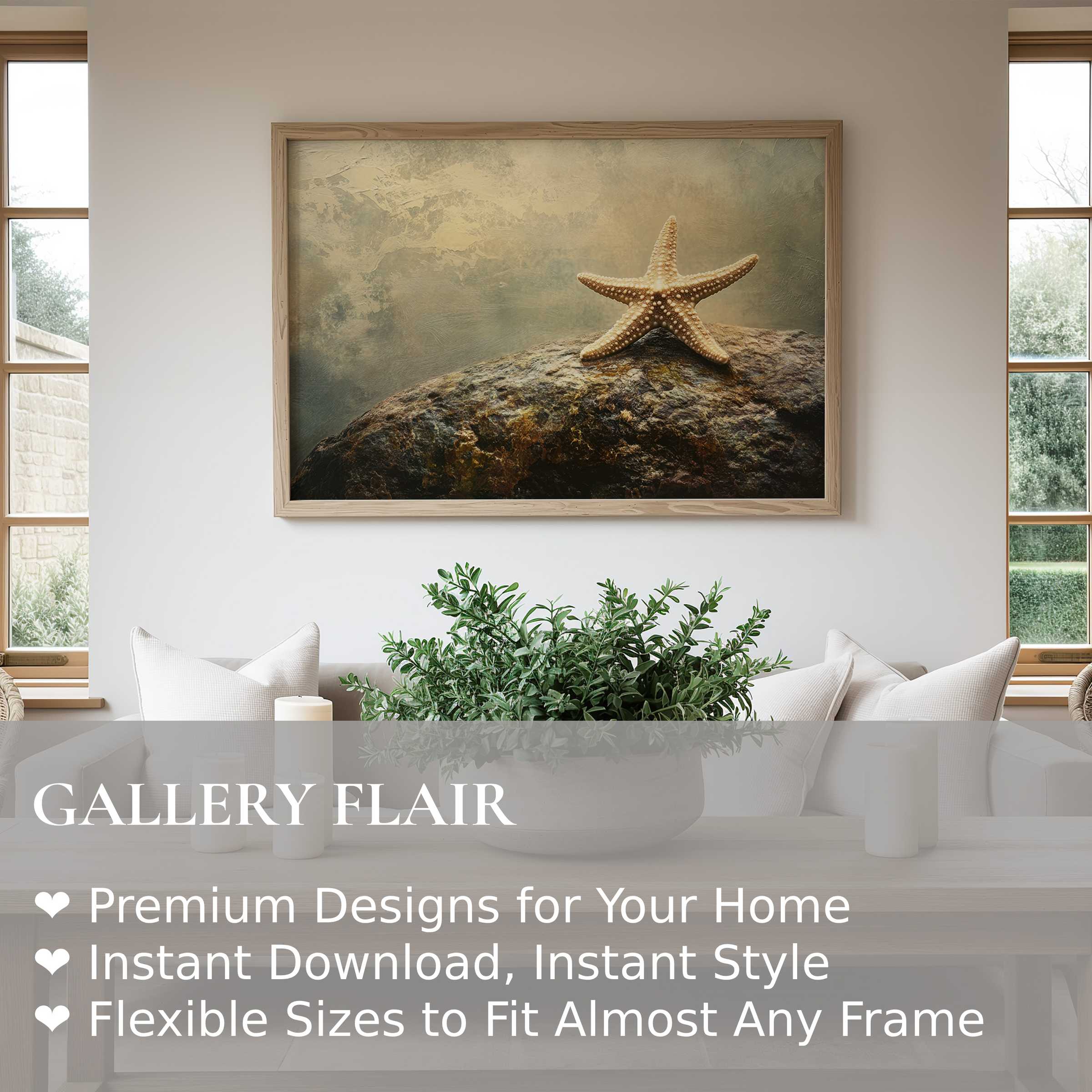 Coastal wall art print featuring a serene starfish on textured rock, adding calming, natural elegance to modern minimalist decor