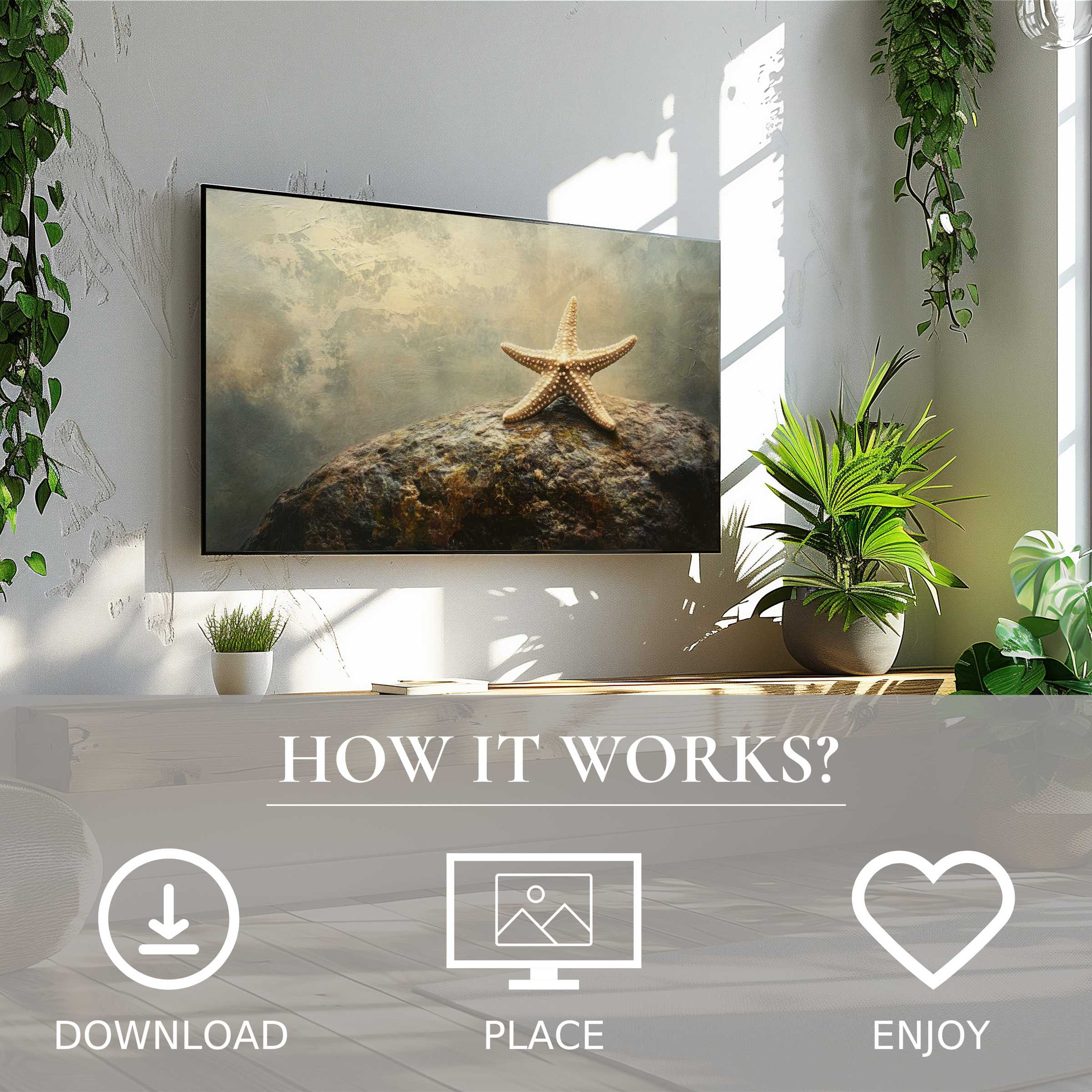 Coastal art for Samsung TV; soft sea tones with starfish motif, easy digital download, enhances modern living spaces