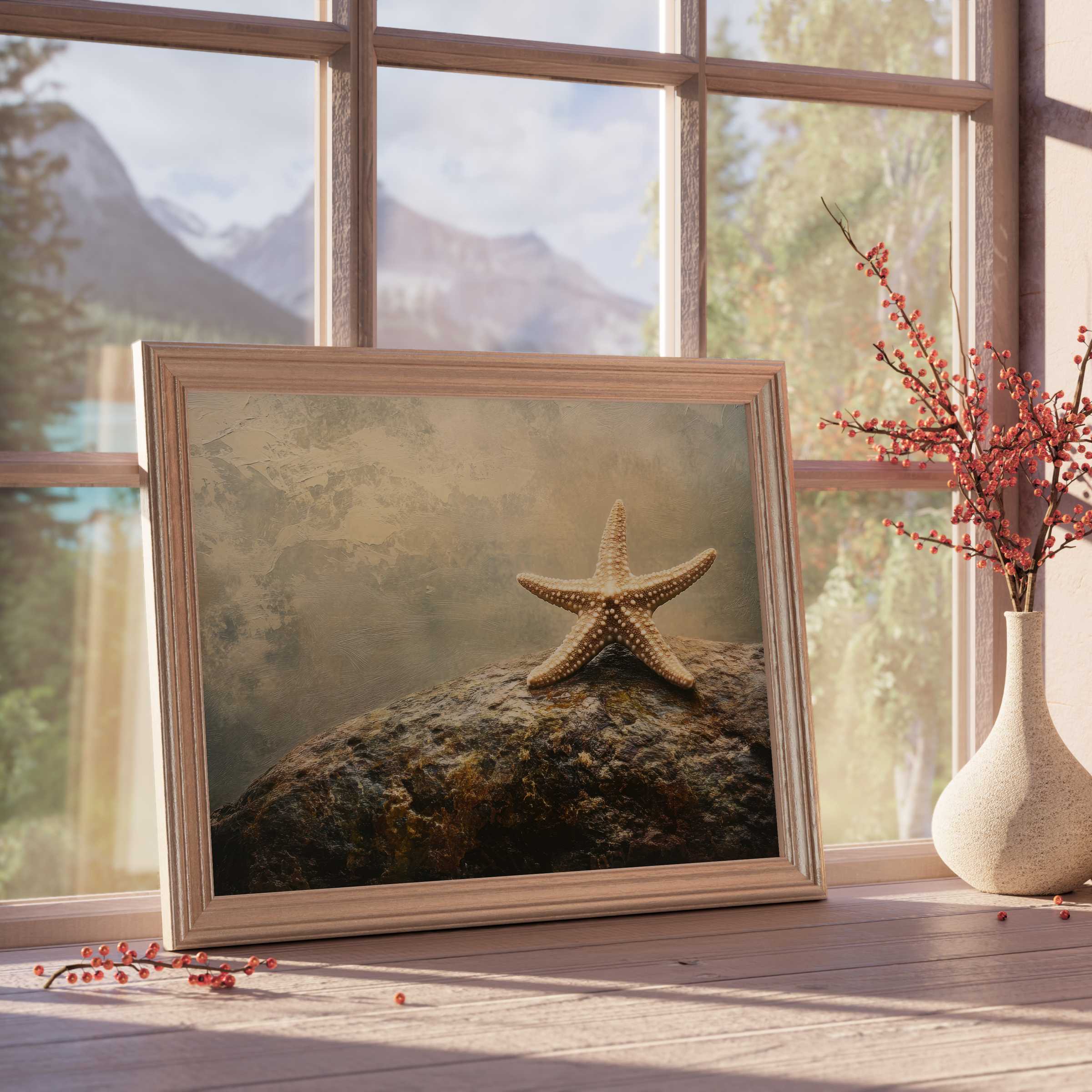 Coastal downloadable art featuring a serene starfish on textured rock, elevating tranquil, curated luxury interiors