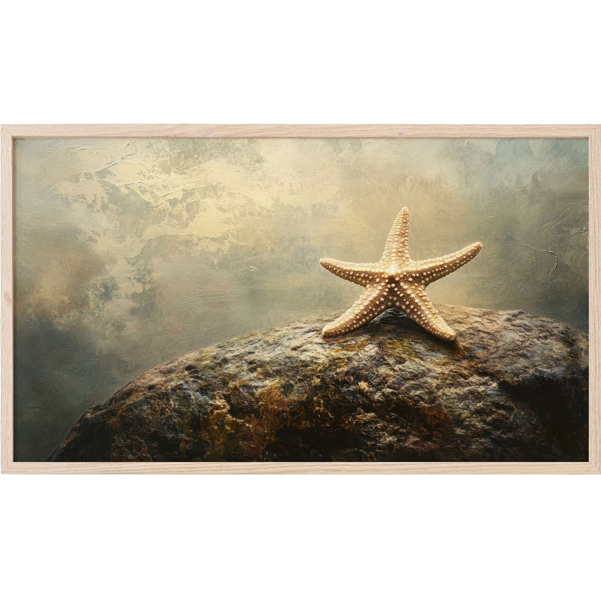 Coastal Frame TV Art showing a textured starfish on a rocky surface with muted gold and deep earth tones