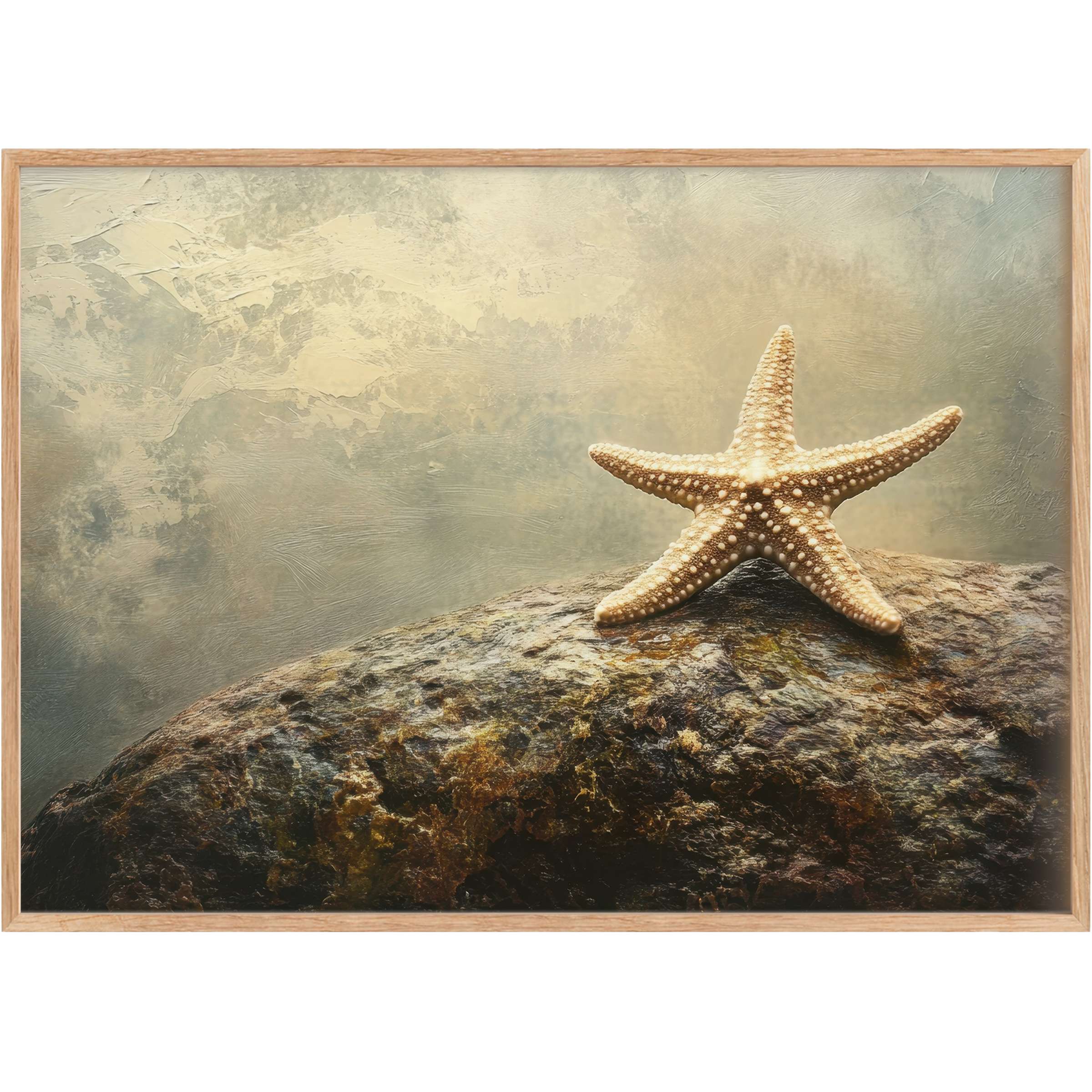 Coastal printable wall art featuring a serene starfish on textured stone, evoking warm, tranquil beachside calm