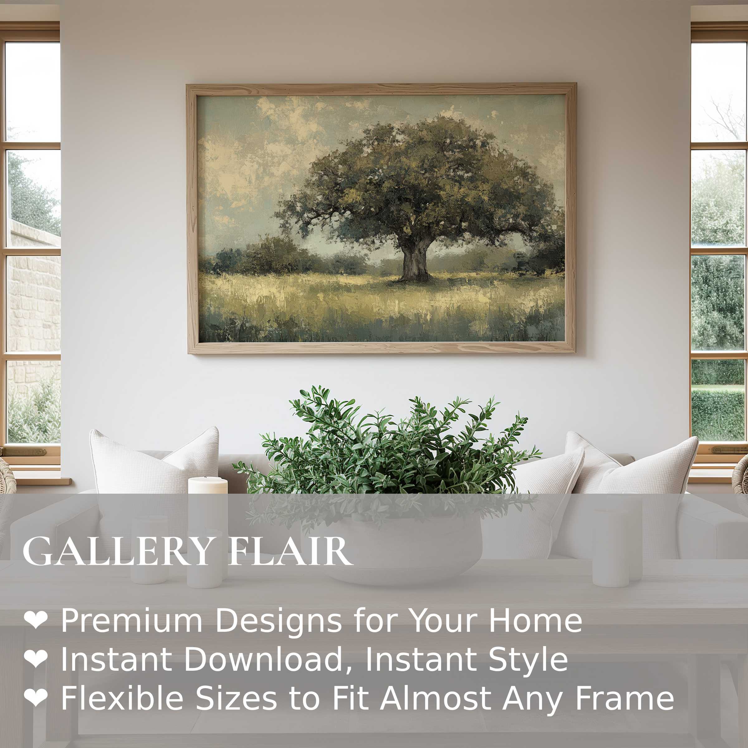 Vintage wall art print of an ancient oak tree evokes serene, timeless beauty in a modern, nature-inspired living space
