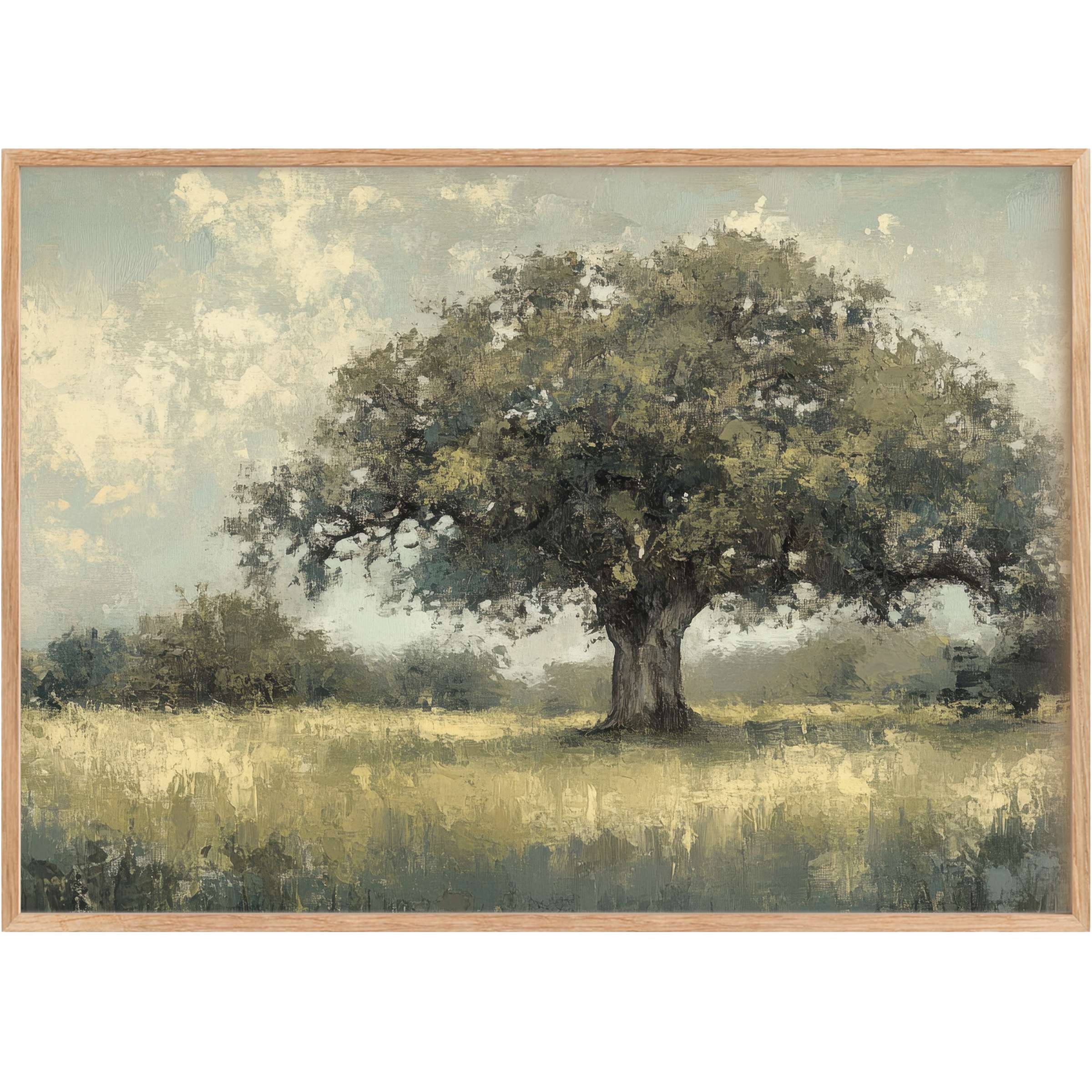 Vintage printable wall art capturing a majestic oak in muted greens and soft blues, evoking a serene, timeless calm
