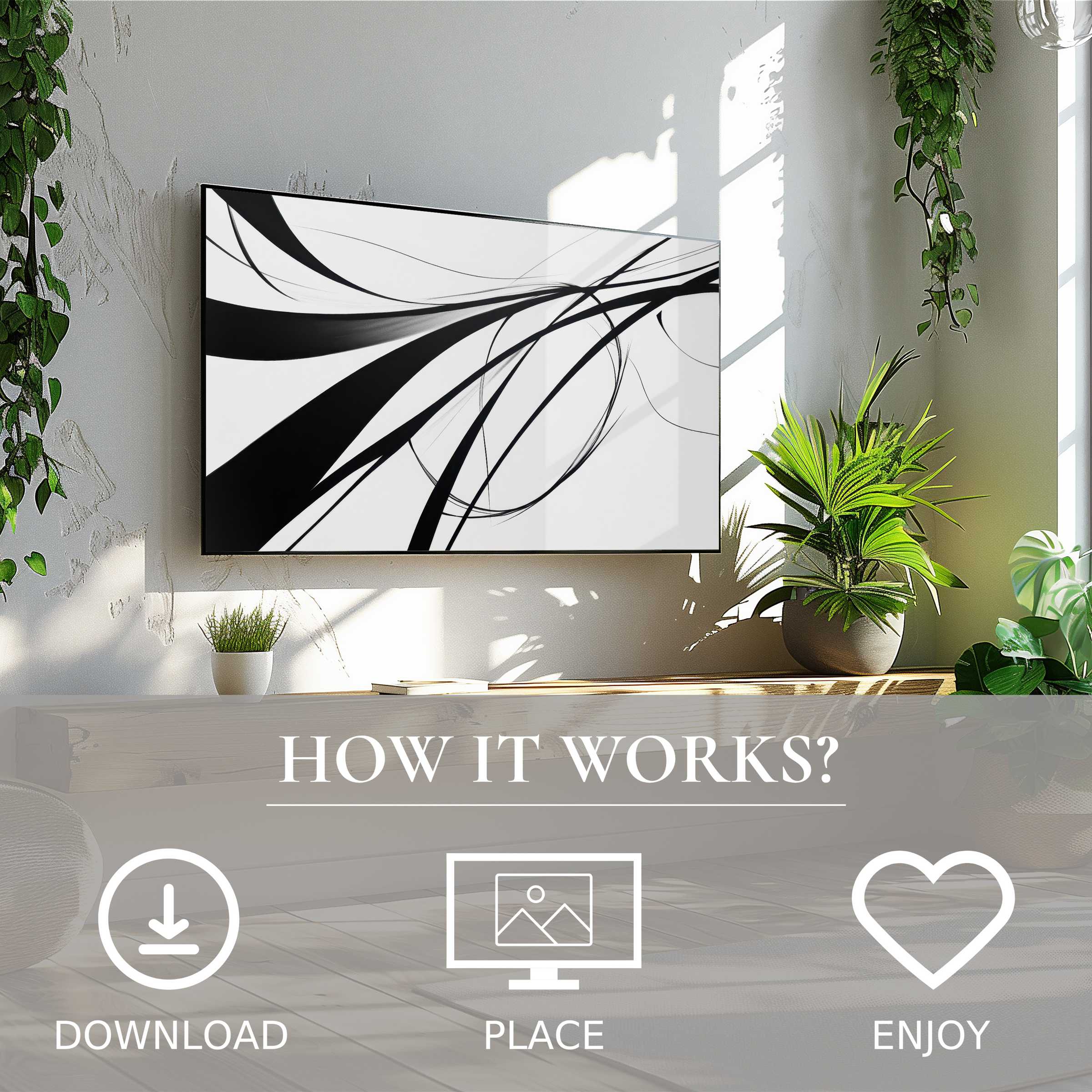 Modern art for Samsung TV shows flowing black lines on white; easy digital download enriches stylish, plant-filled spaces