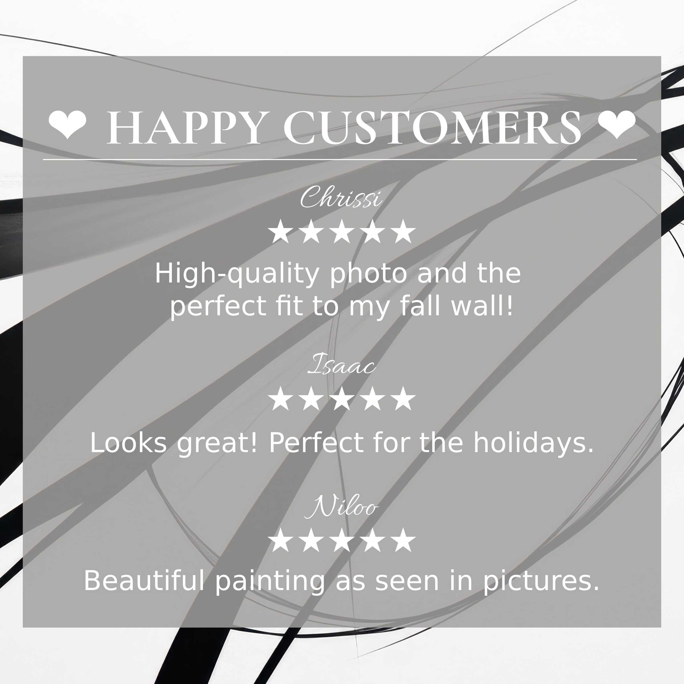 Modern art for Frame TV with abstract monochrome strokes, showcasing happy customer reviews and elegant trust-building design