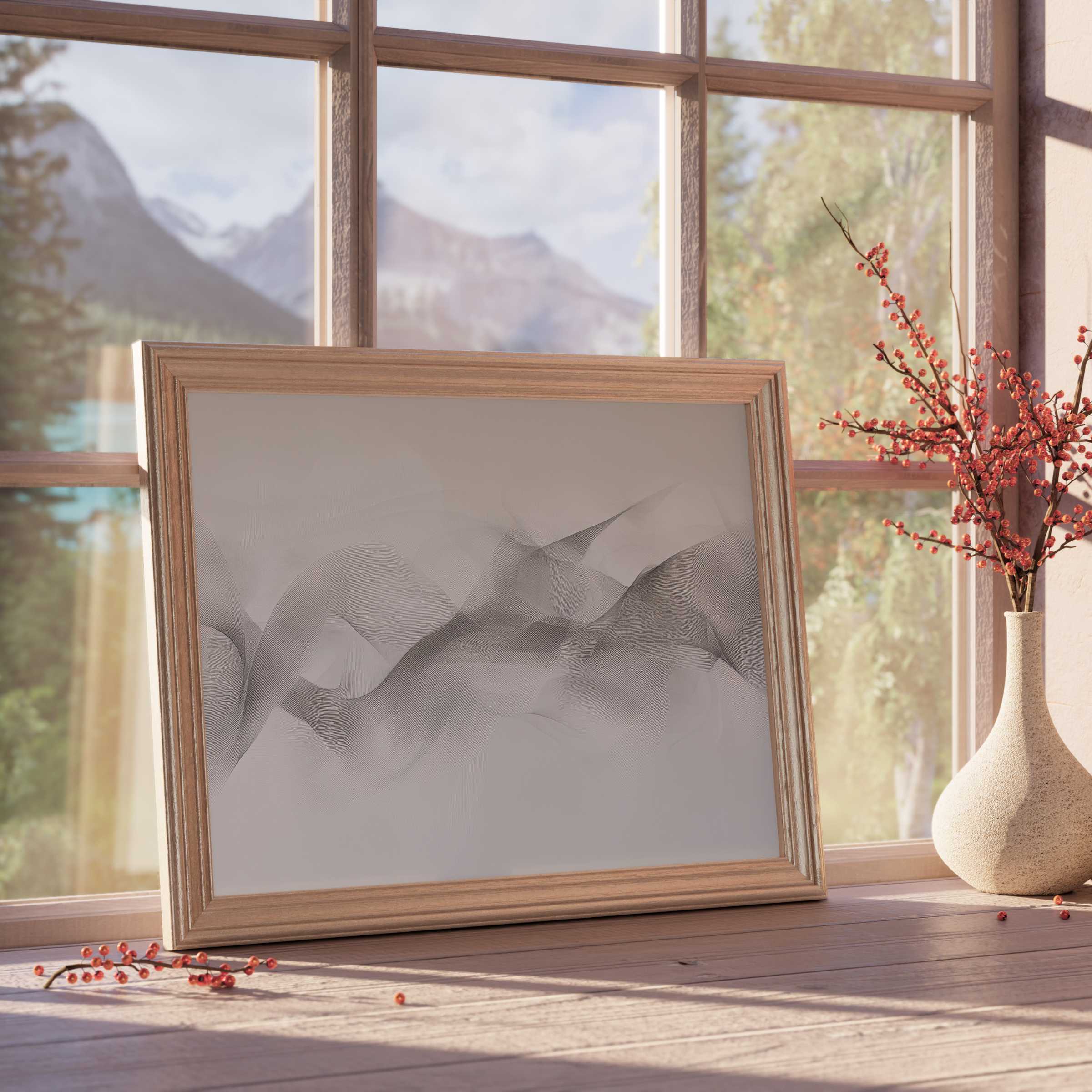 Minimalist downloadable art featuring ethereal black waves in a warm wood frame, enriching serene, curated interiors with subtle elegance