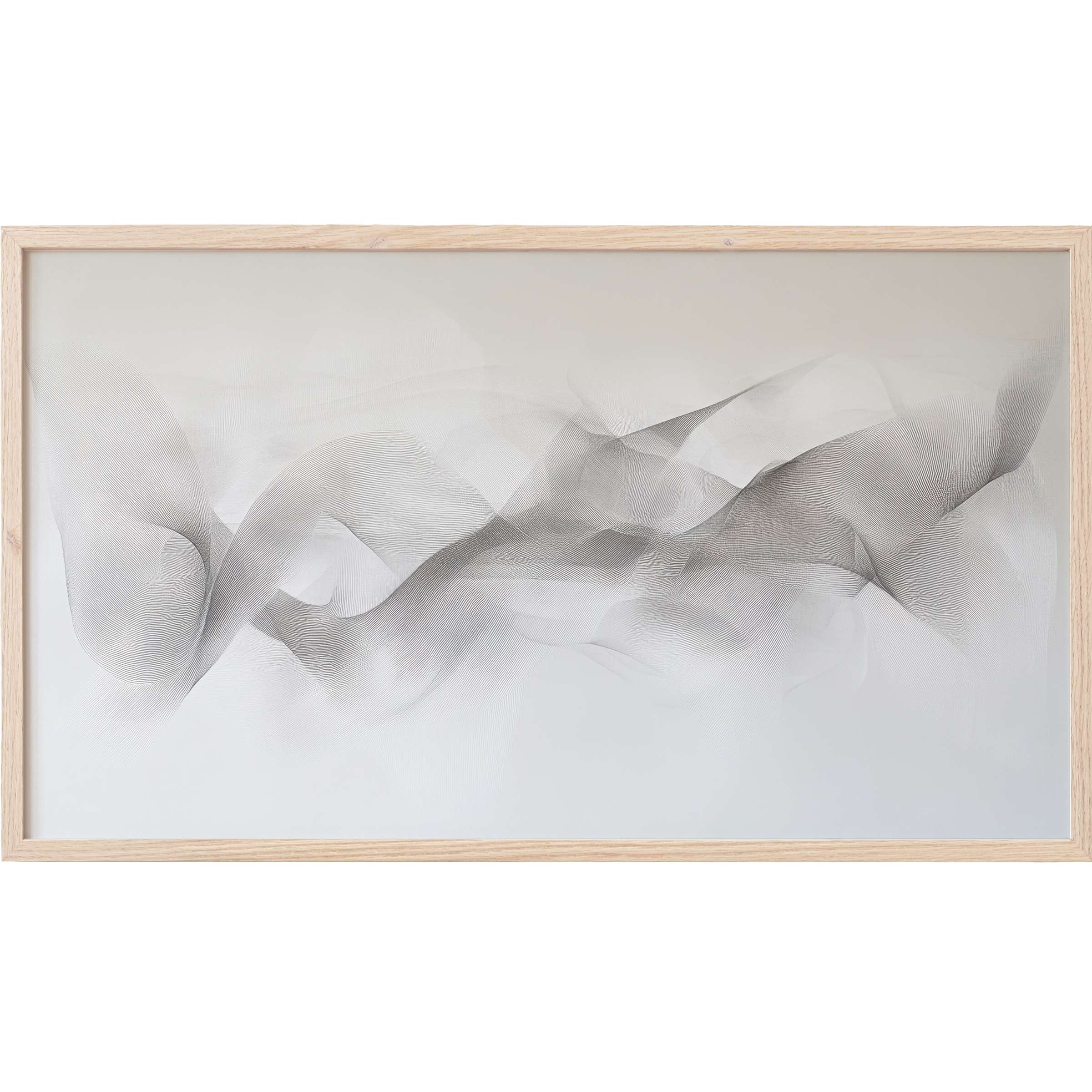 Minimalist Frame TV Art featuring soft, flowing gray lines on a light neutral background in a natural wood frame