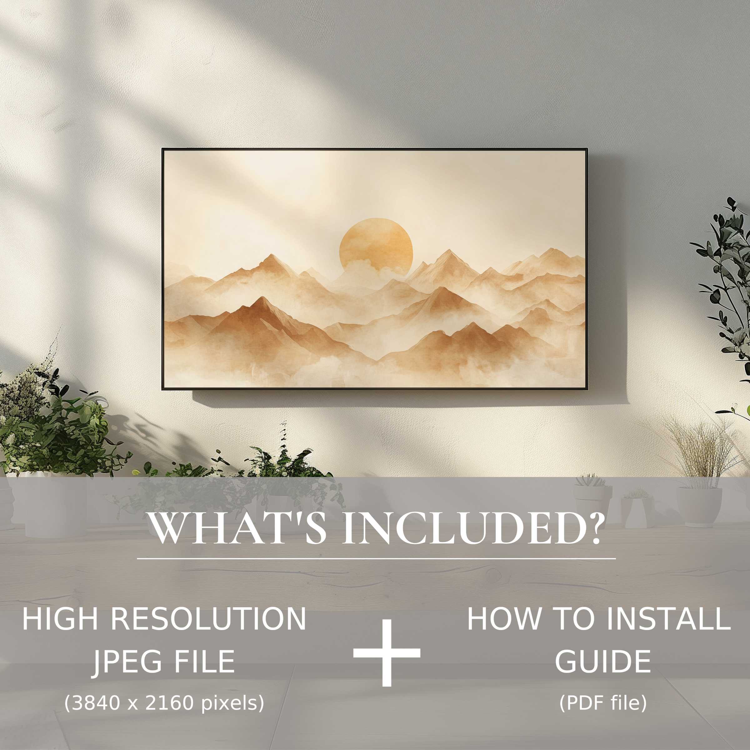 Elegant neutral digital TV art download featuring serene mountains, easy to use and enhances any modern living space