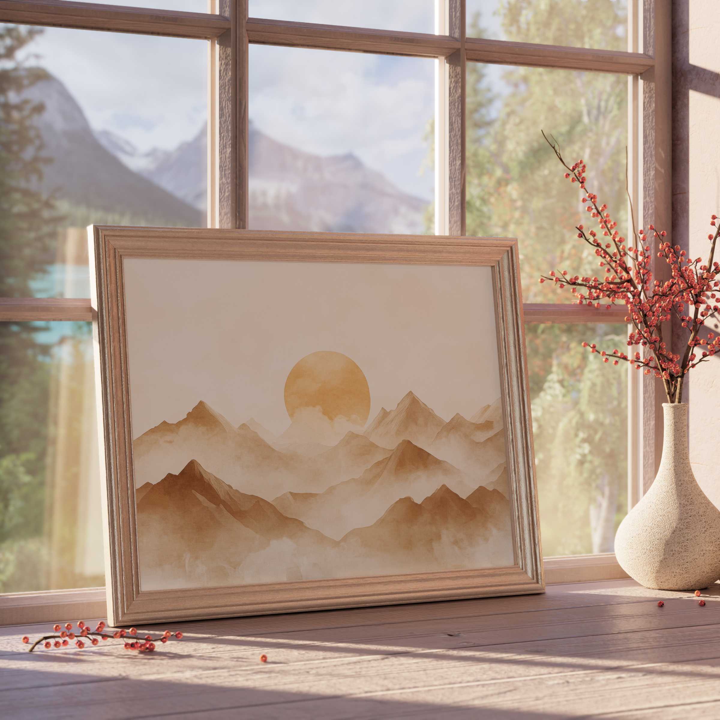 Neutral downloadable art features soft sepia mountains beneath a warm sun, infusing serene, curated interiors with calm, natural elegance