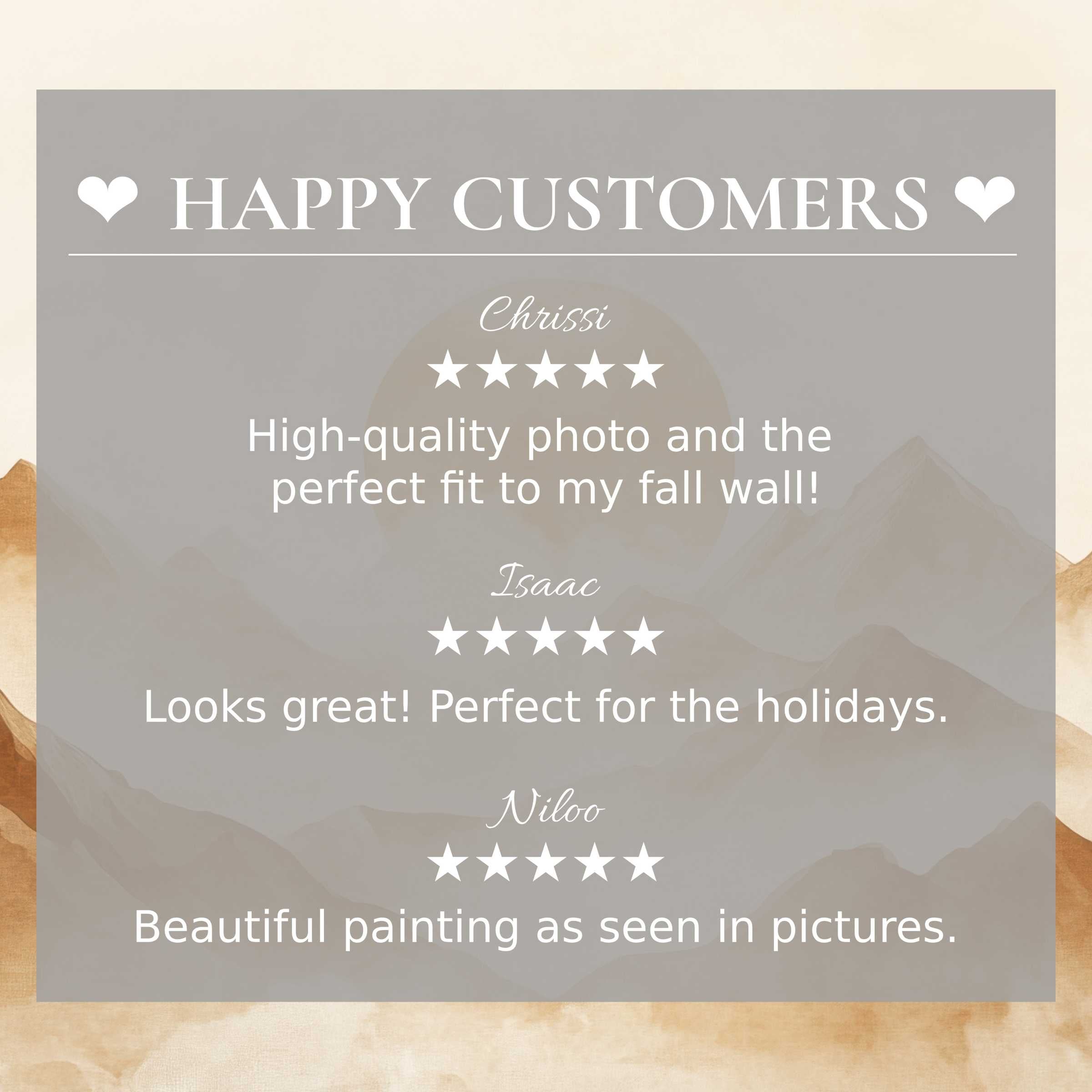 Neutral art for Frame TV with abstract mountain hues, showcasing happy customer reviews to inspire trust and elegance