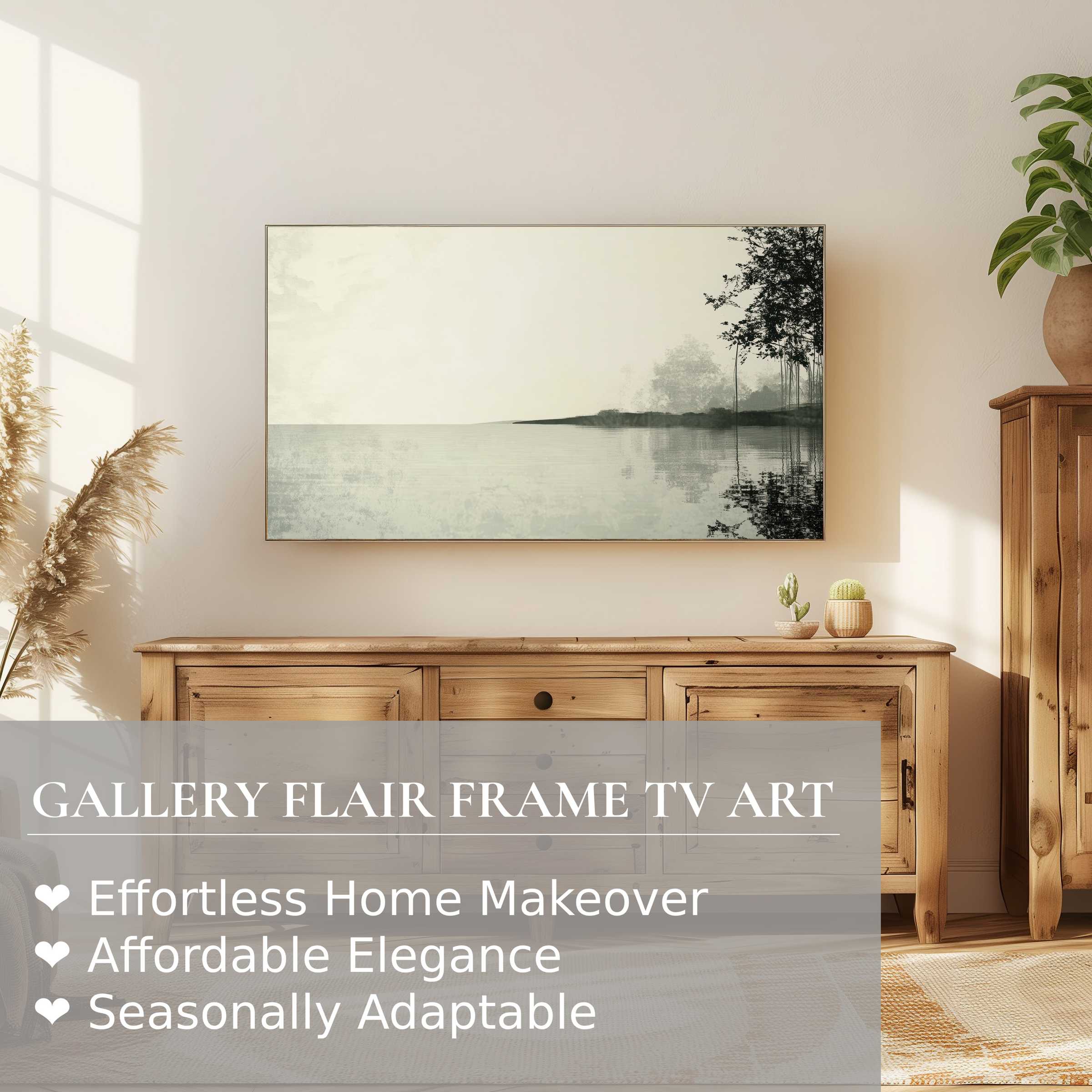 Samsung Frame TV displaying minimalist landscape digital artwork in soft hues, enhancing elegant modern home decor