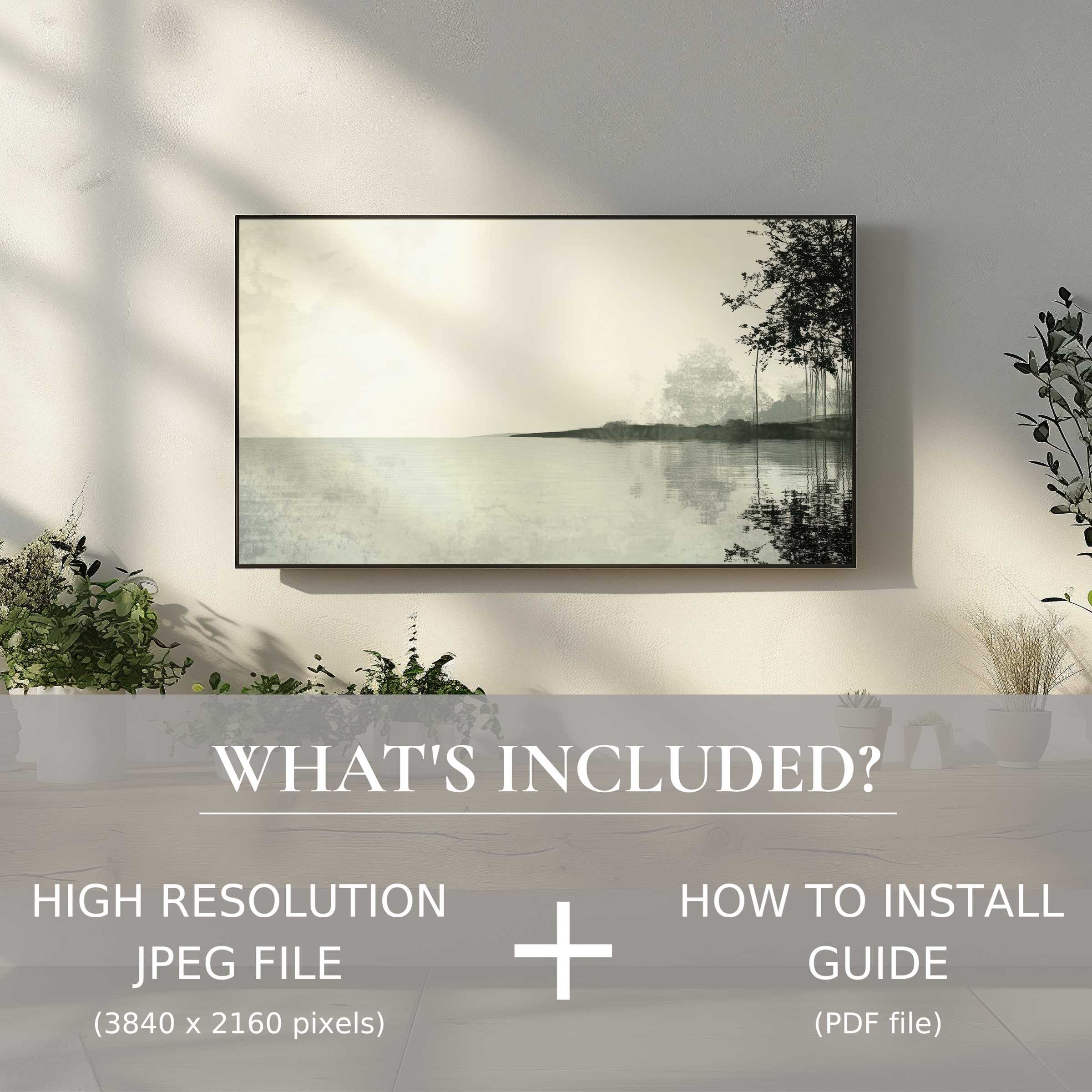 Elegant landscape digital TV art download displayed in a serene living space, enhancing ambiance with easy digital use