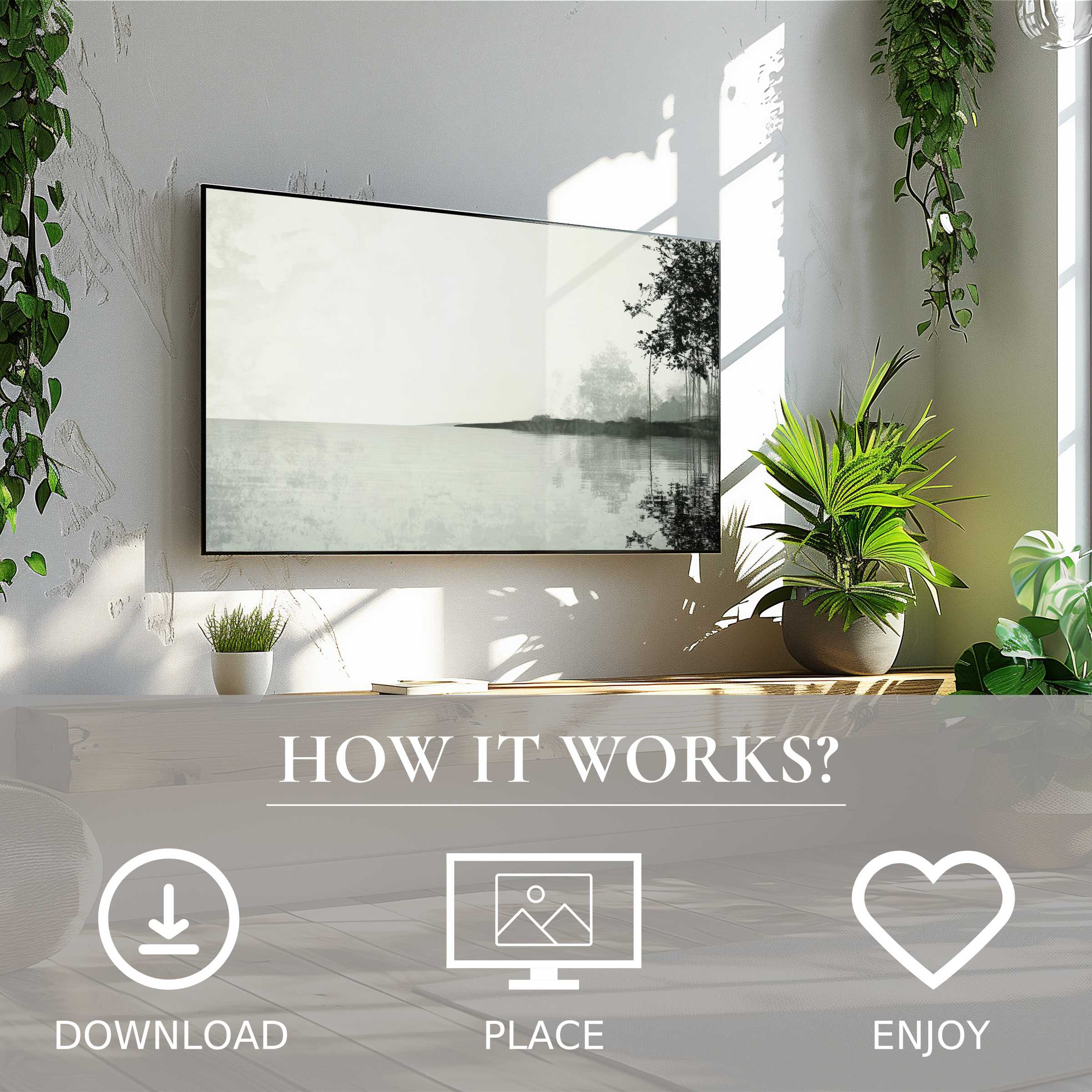 Modern living room with landscape art for Samsung TV; serene misty lake motif, easy digital download enriches space
