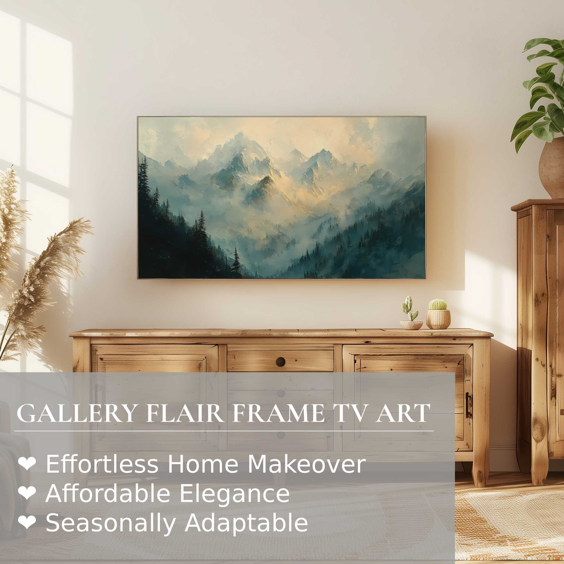 Samsung Frame TV displays serene spring digital artwork of misty mountains, perfect for elegant, modern home decor
