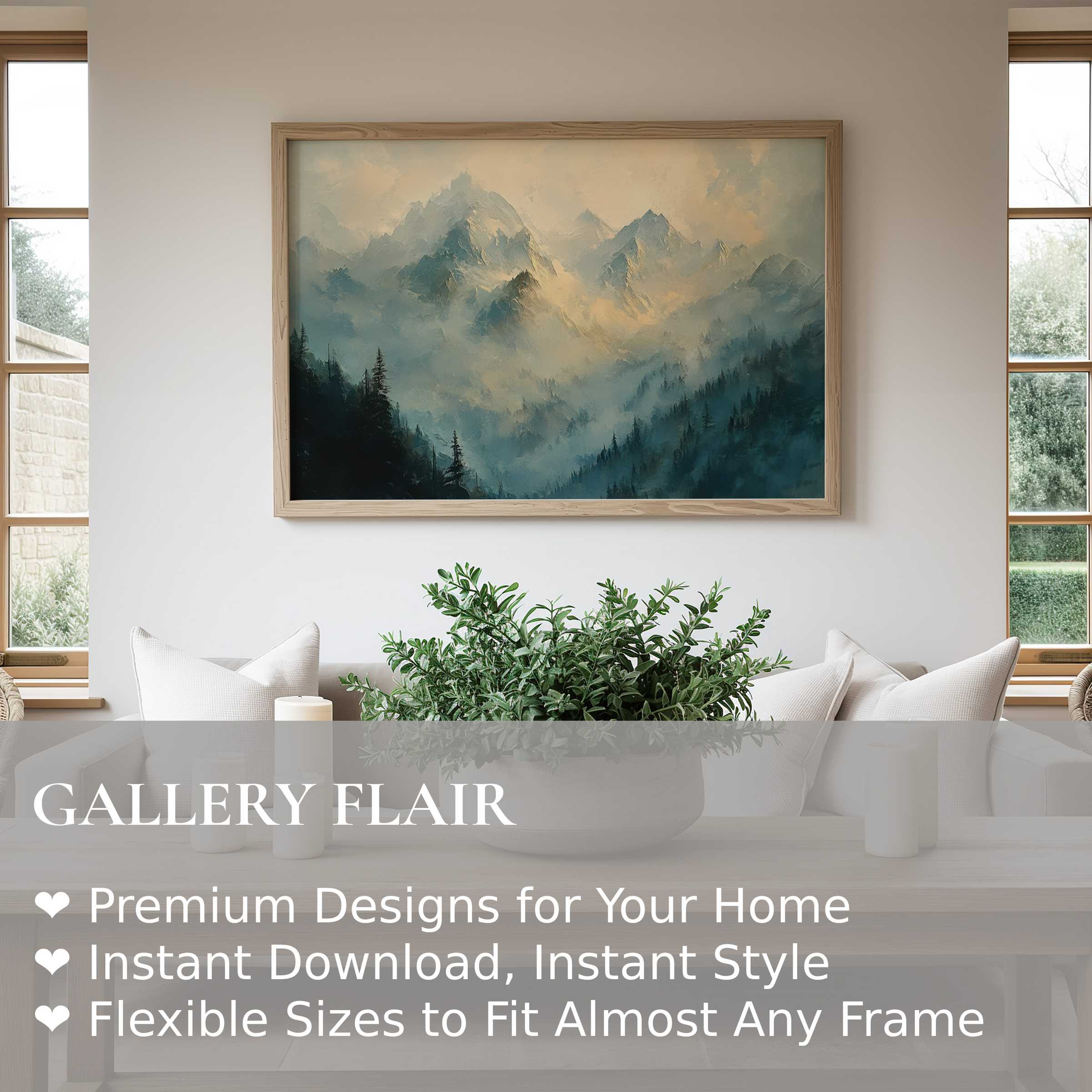 Serene spring wall art print of misty mountain peaks in soft blues and warm neutrals, elevating modern minimalist interiors with calming elegance