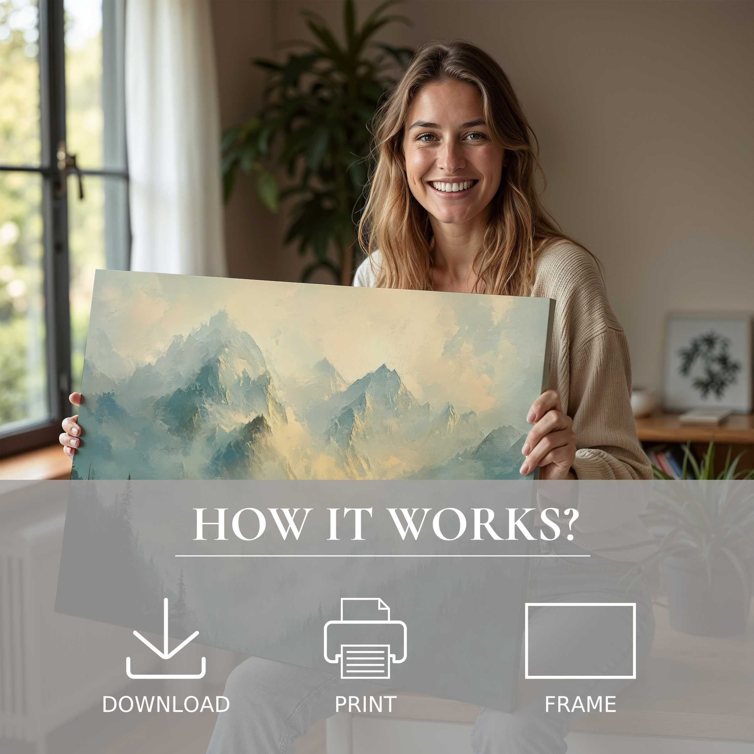 Radiant spring digital art print transforms a modern home with serene mountain hues, evoking joy and effortless elegance
