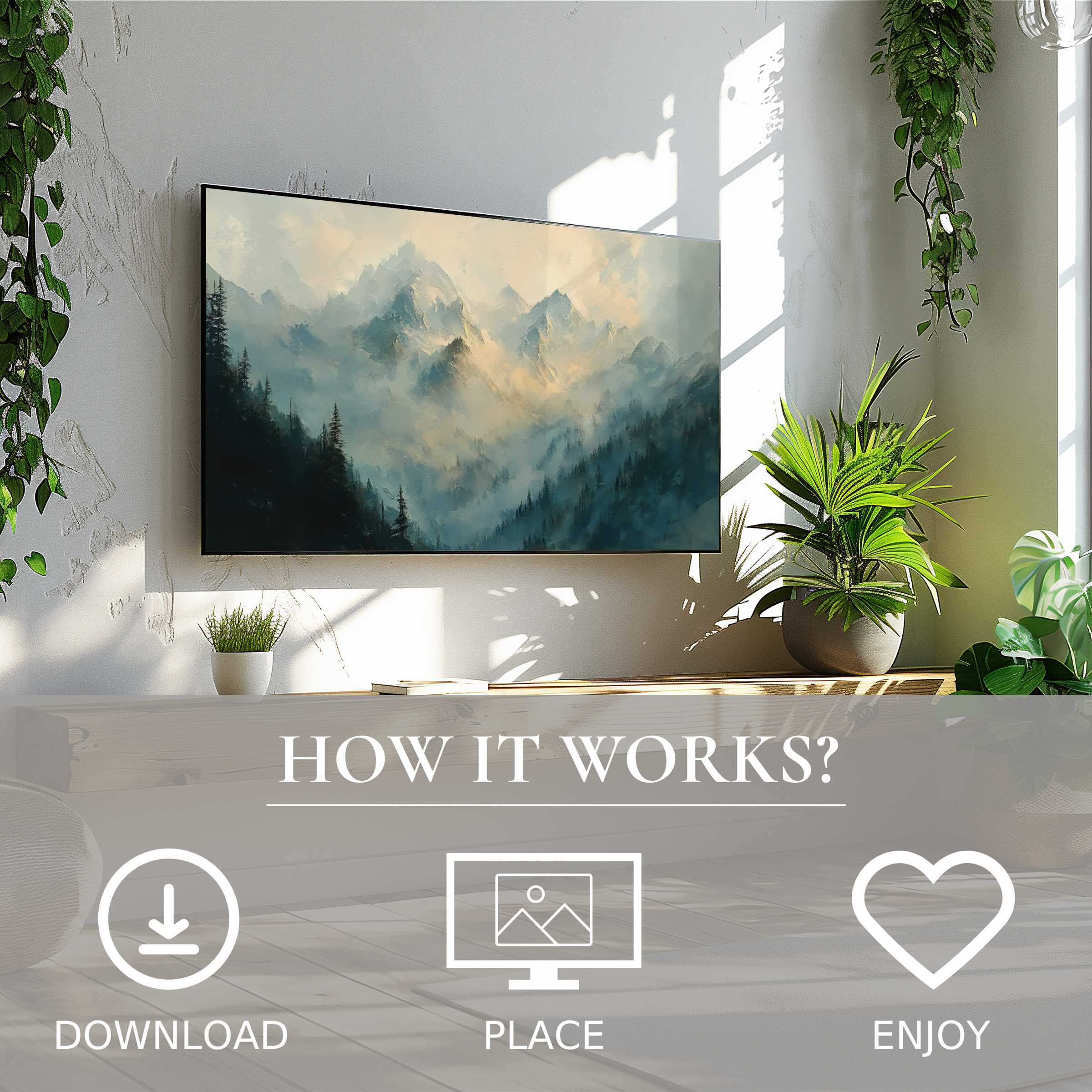 Spring art for Samsung TV shows serene misty mountain peaks, easy digital download enriches modern living spaces
