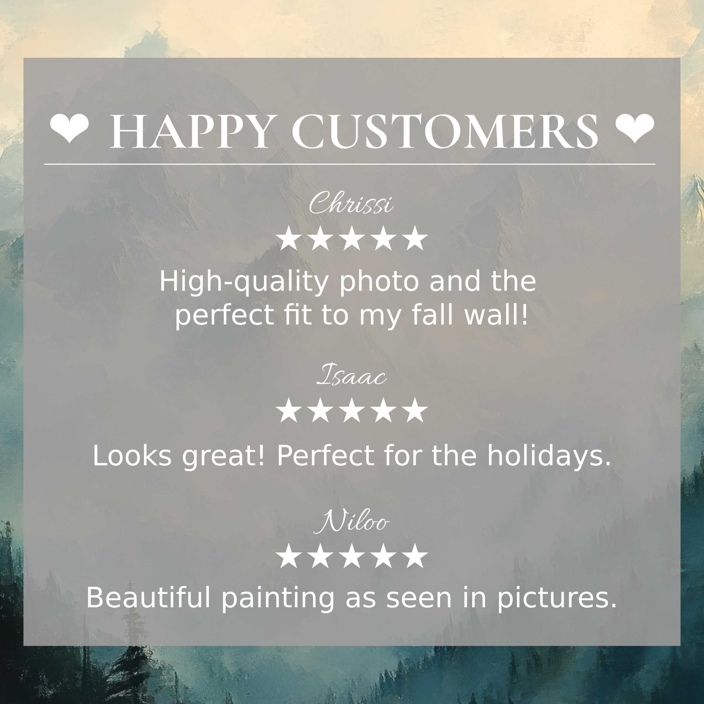 Elegant abstract mountain art backdrop highlighting happy customer reviews for spring art for Frame TV, building trust