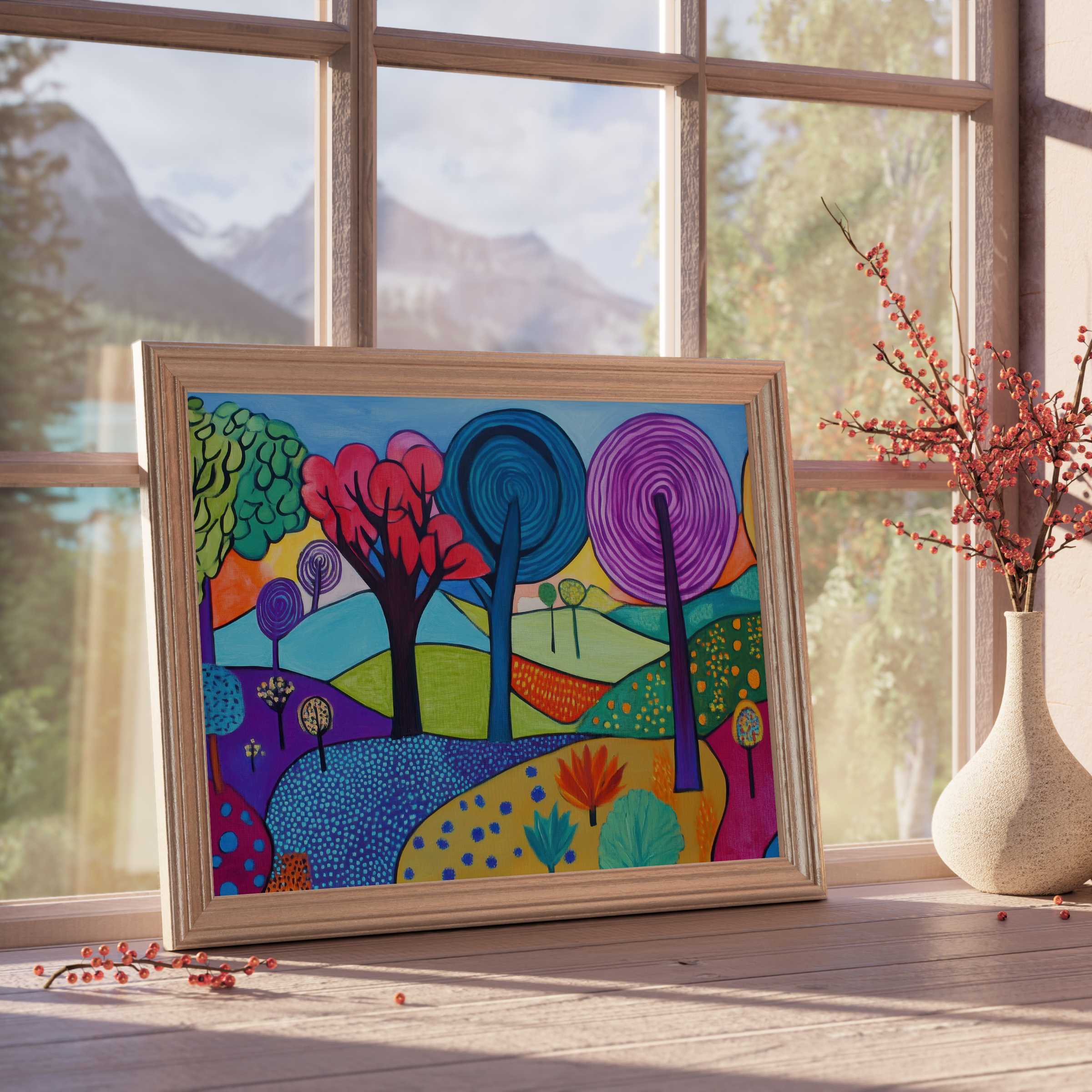 Vibrant pop art downloadable art showcasing whimsical trees in bold hues, perfect for elevating curated, tranquil interiors with joyful color