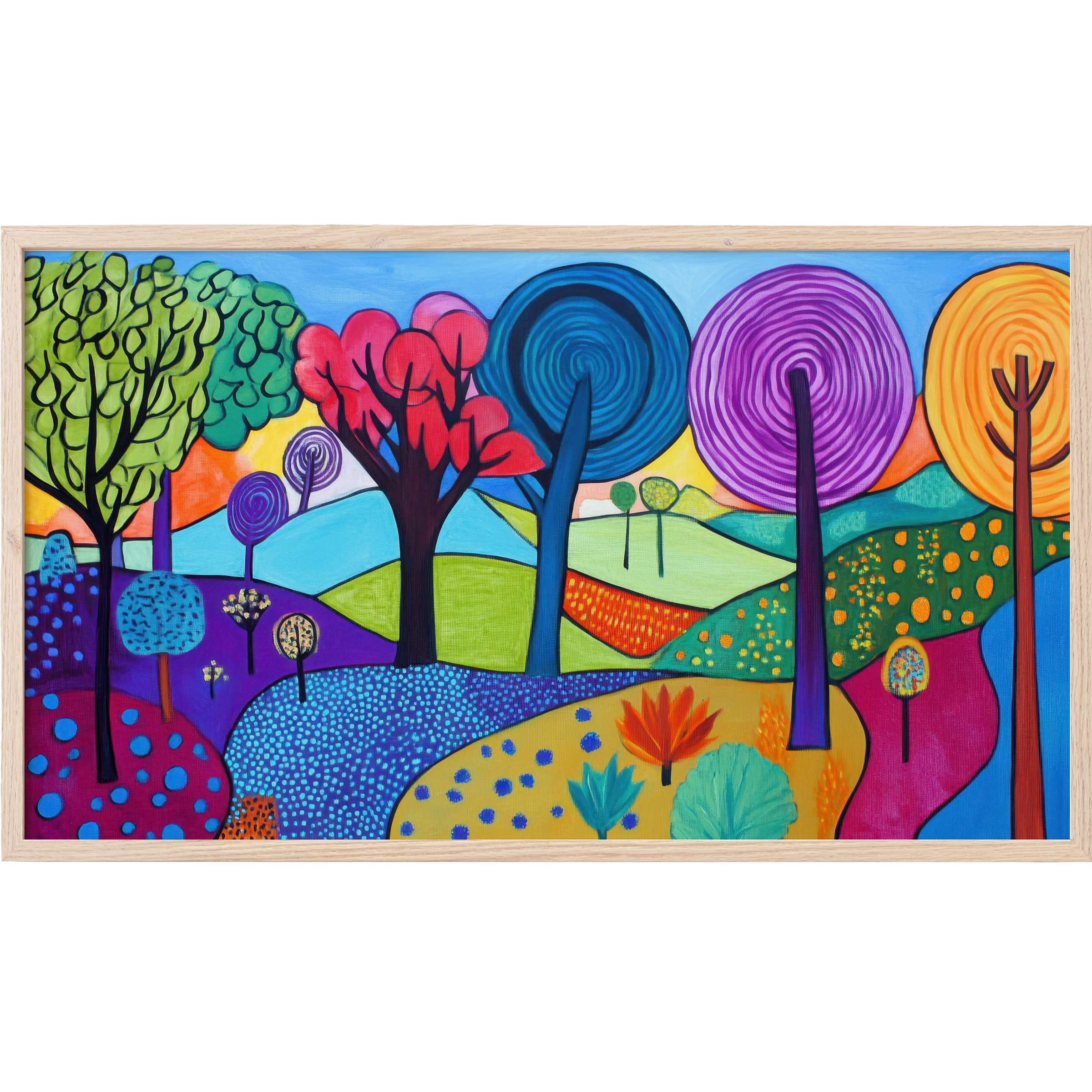 Vivid pop art Frame TV Art with swirling trees in vibrant blues, purples, reds, greens, and yellows in a modern landscape