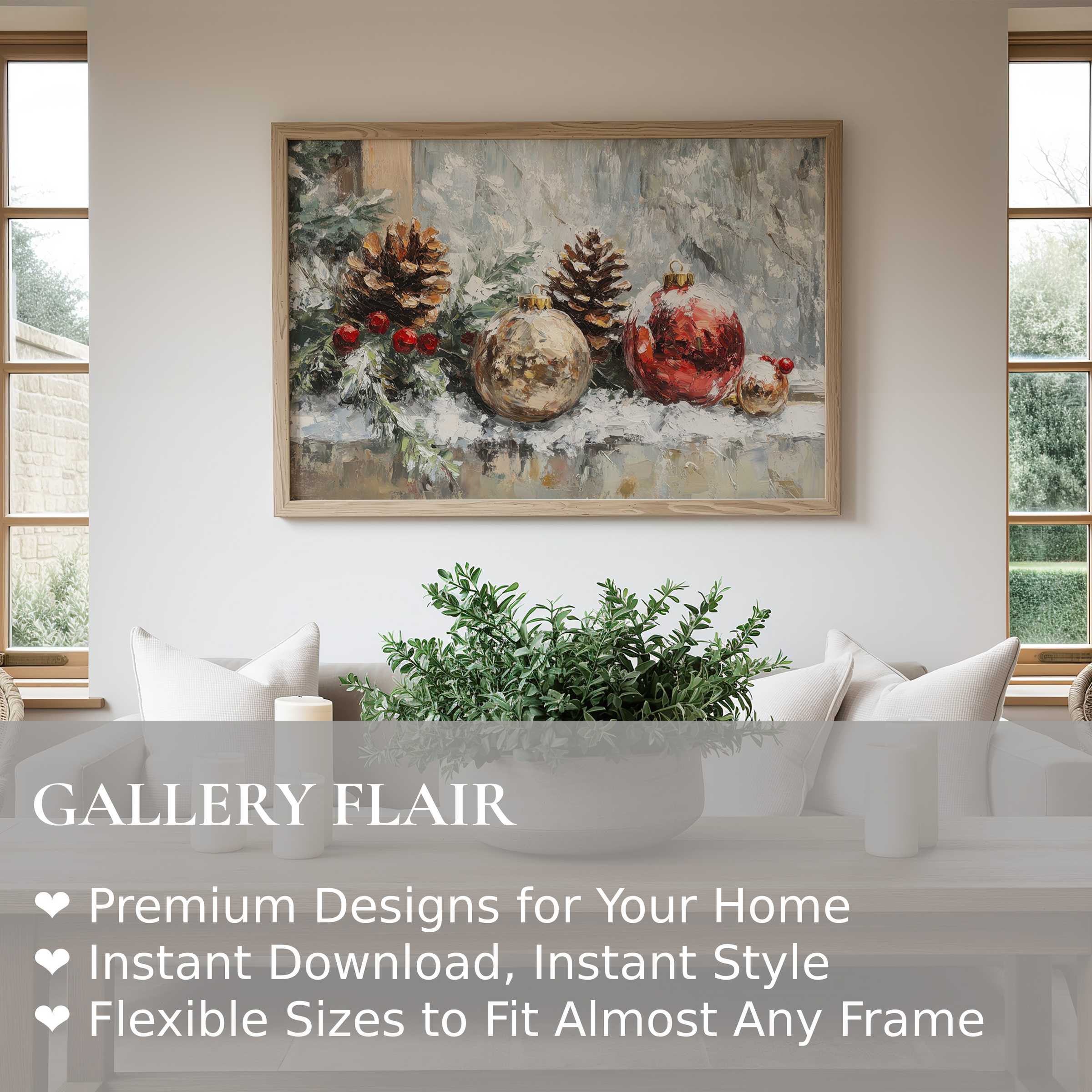 Christmas wall art print featuring textured pinecones and ornaments in warm, earthy tones, enhancing serene modern farmhouse decor