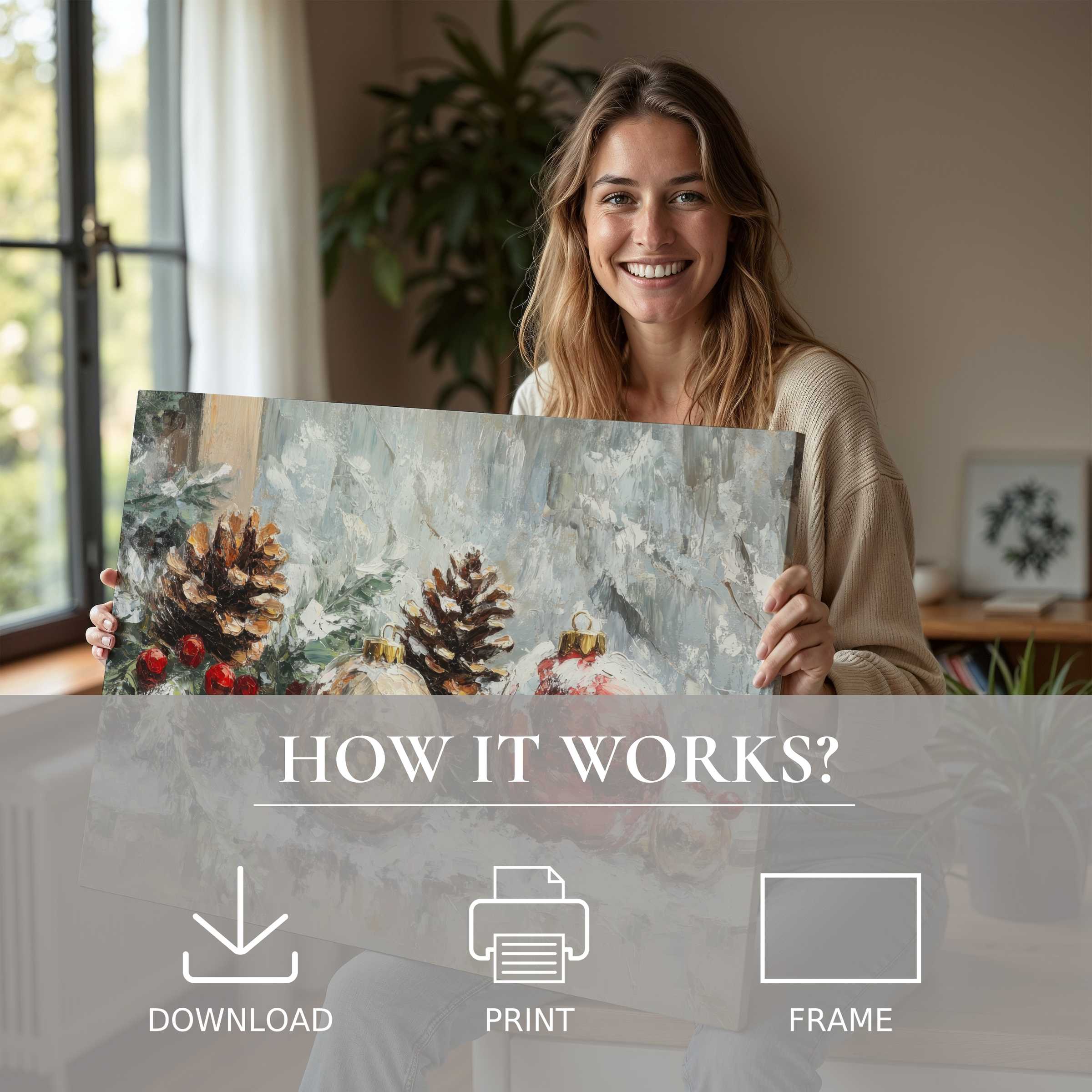 A serene moment of joy as a woman reveals a Christmas digital art print, blending rustic pinecones and berries with elegant warmth in a modern home