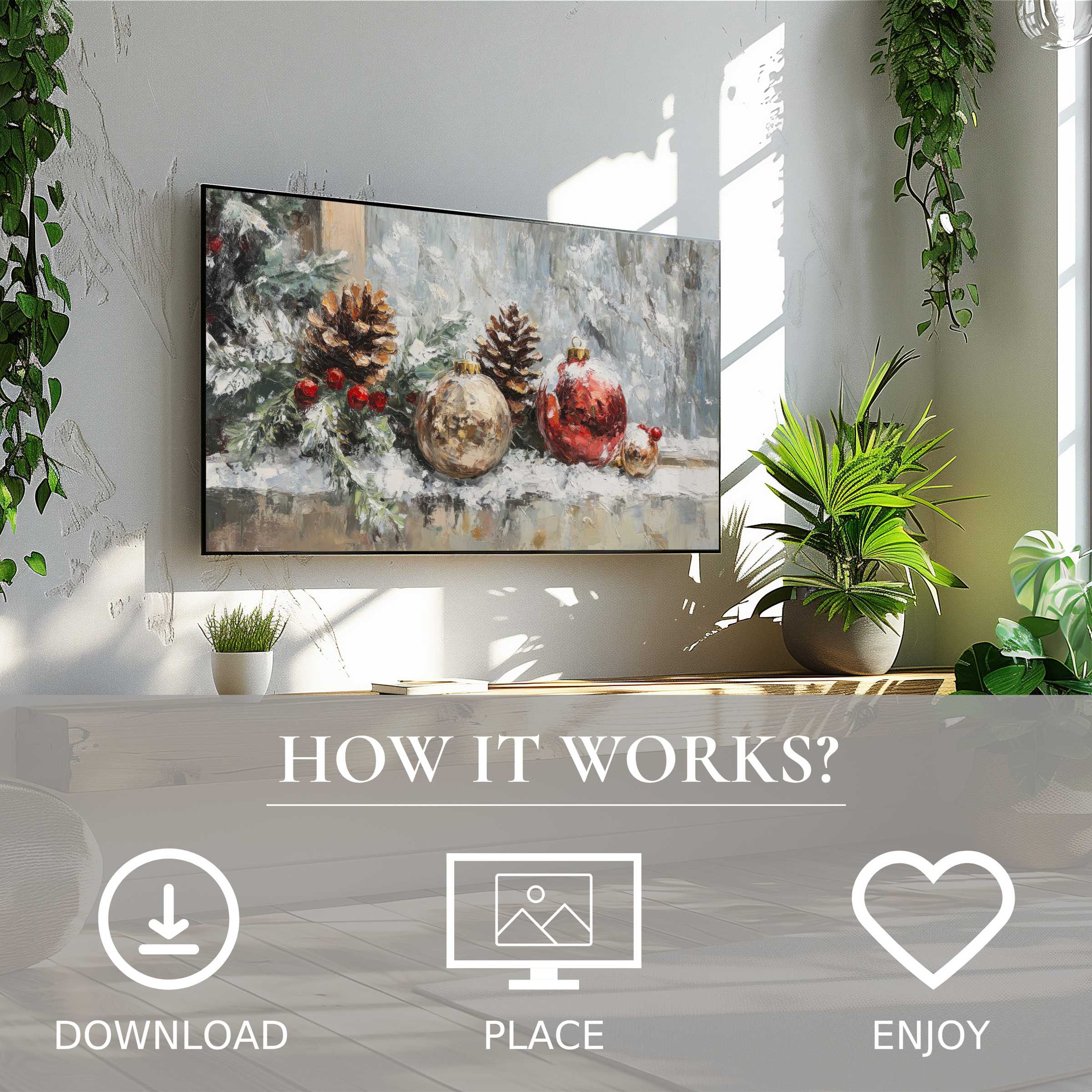 Modern living room with christmas art for Samsung TV showing soft winter tones, easy digital download enriches space
