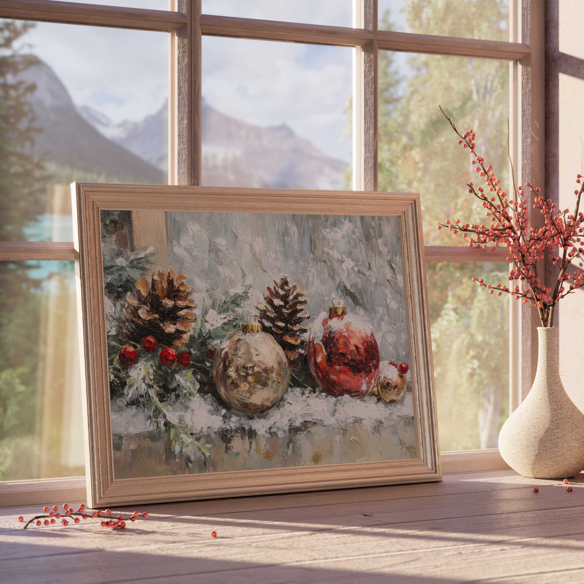 Christmas downloadable art capturing warm, tranquil holiday elegance with pinecones and festive baubles for chic, curated interiors