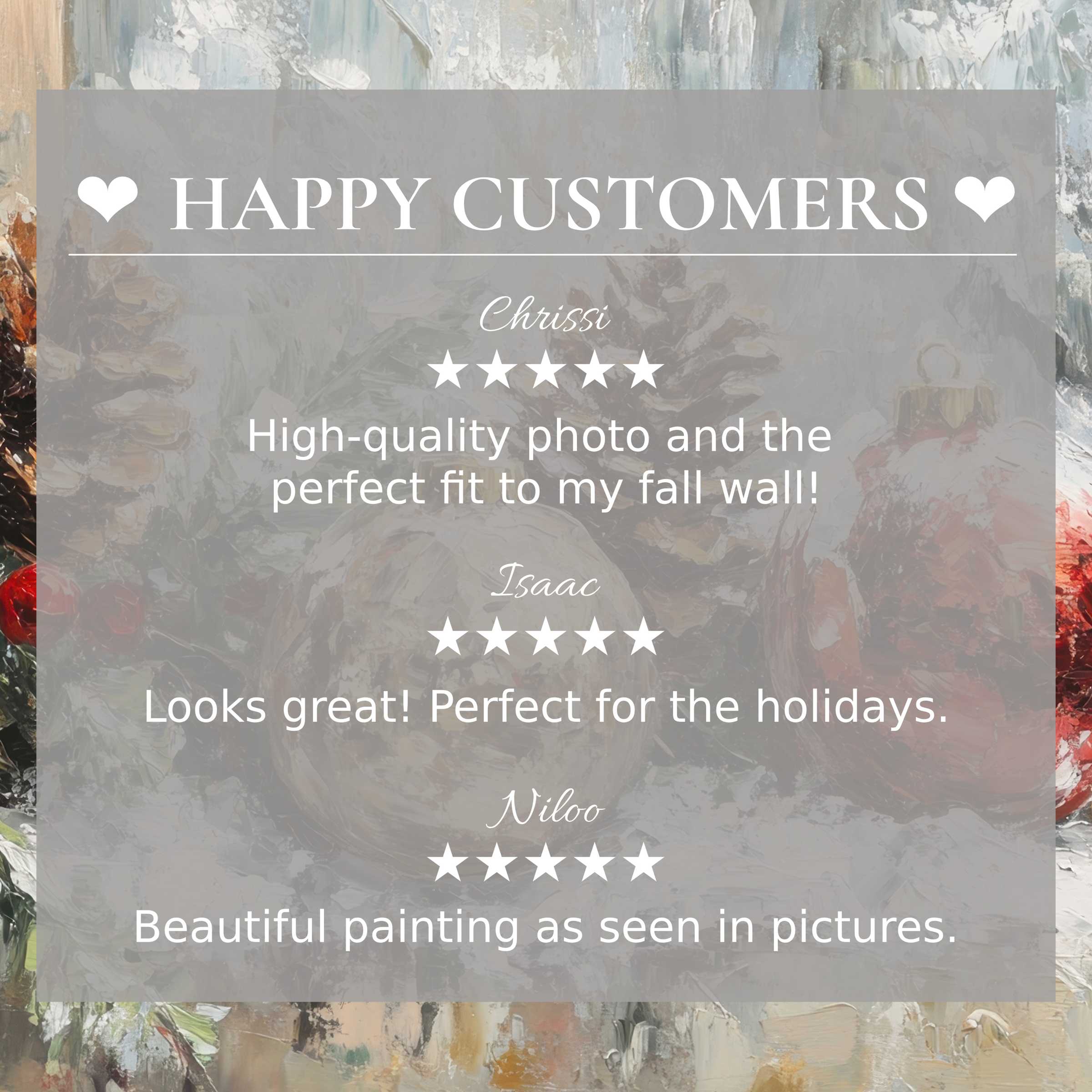 Elegant christmas art for Frame TV with textured pine cones background, showcasing happy customer reviews and refined design trust