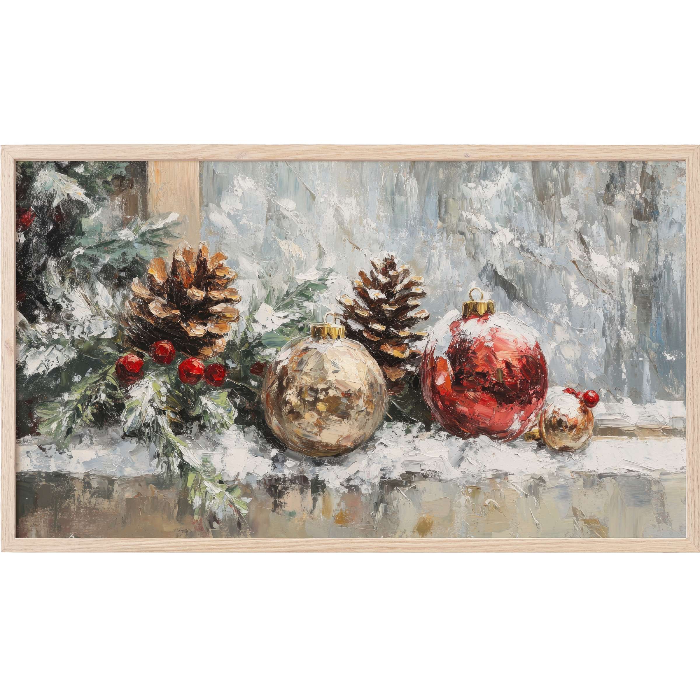 Christmas Frame TV Art with textured pinecones, red berries, and glossy ornaments in muted grays and warm neutrals