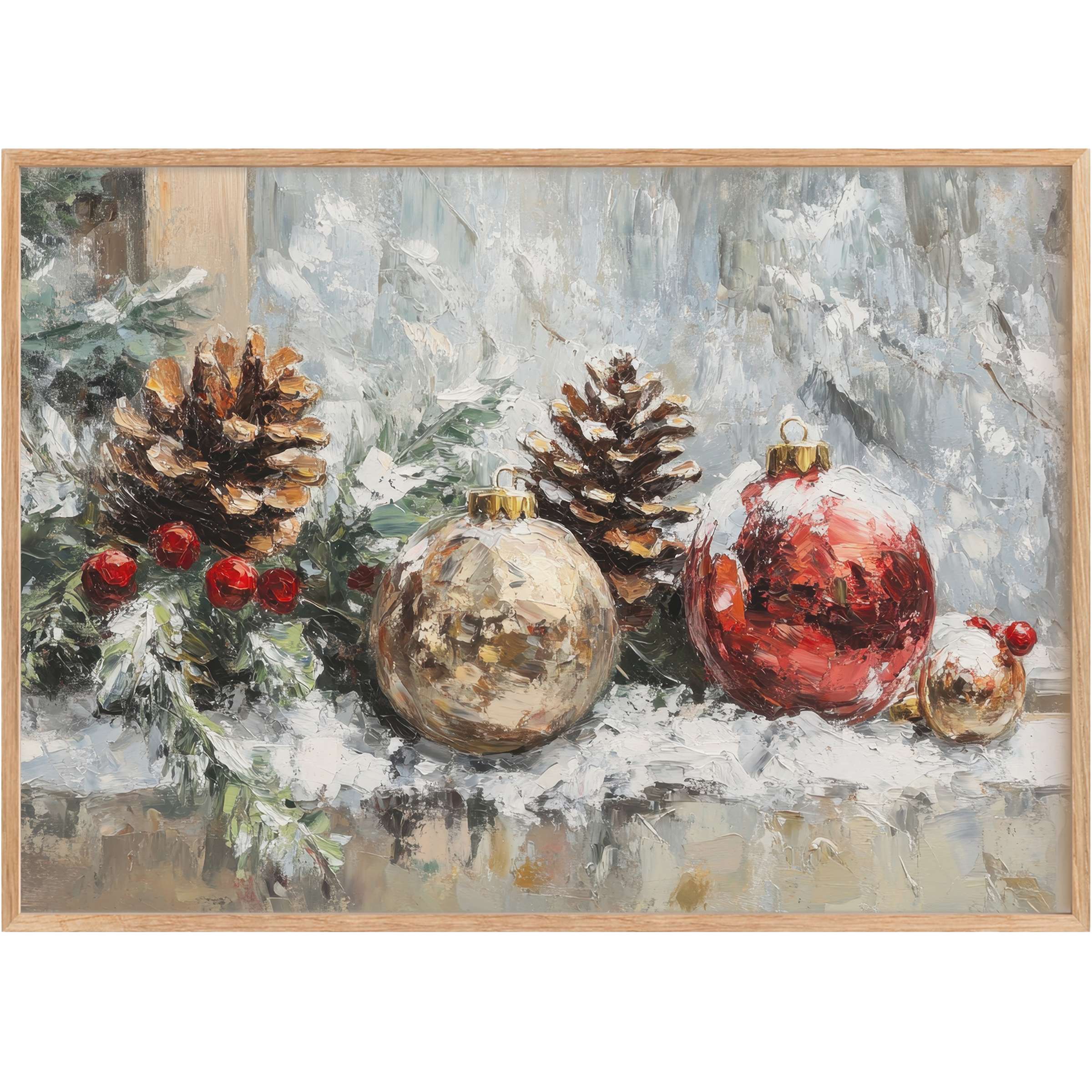 Christmas printable wall art featuring textured pinecones and shimmering ornaments in warm gold and red, evoking a cozy, elegant winter scene