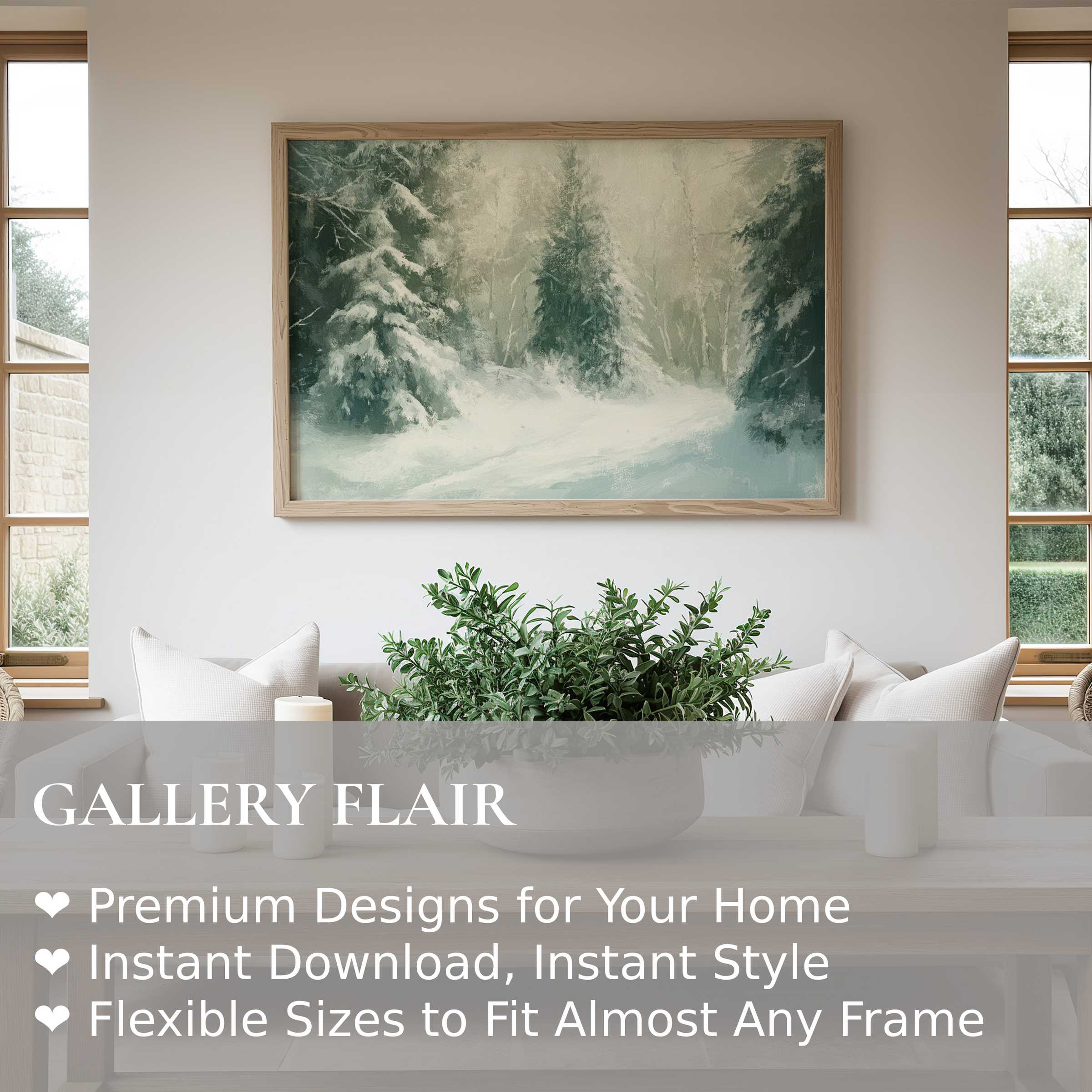 Winter wall art print featuring a serene snow-laden forest scene, evoking calm and elegance in modern minimal interiors